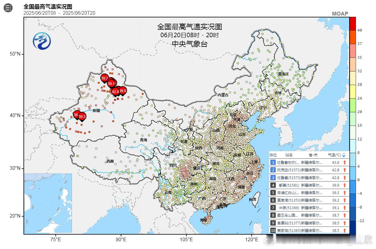【高温——京津冀闽增多】今天新疆包揽高温榜前十，而且新疆高温遍布天山南北，最北的