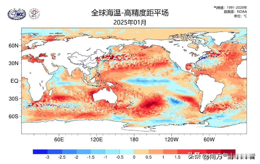 [Niño跟踪]2025年1月，热带太平洋海表温度距平西部偏高、中东部偏低。Ni