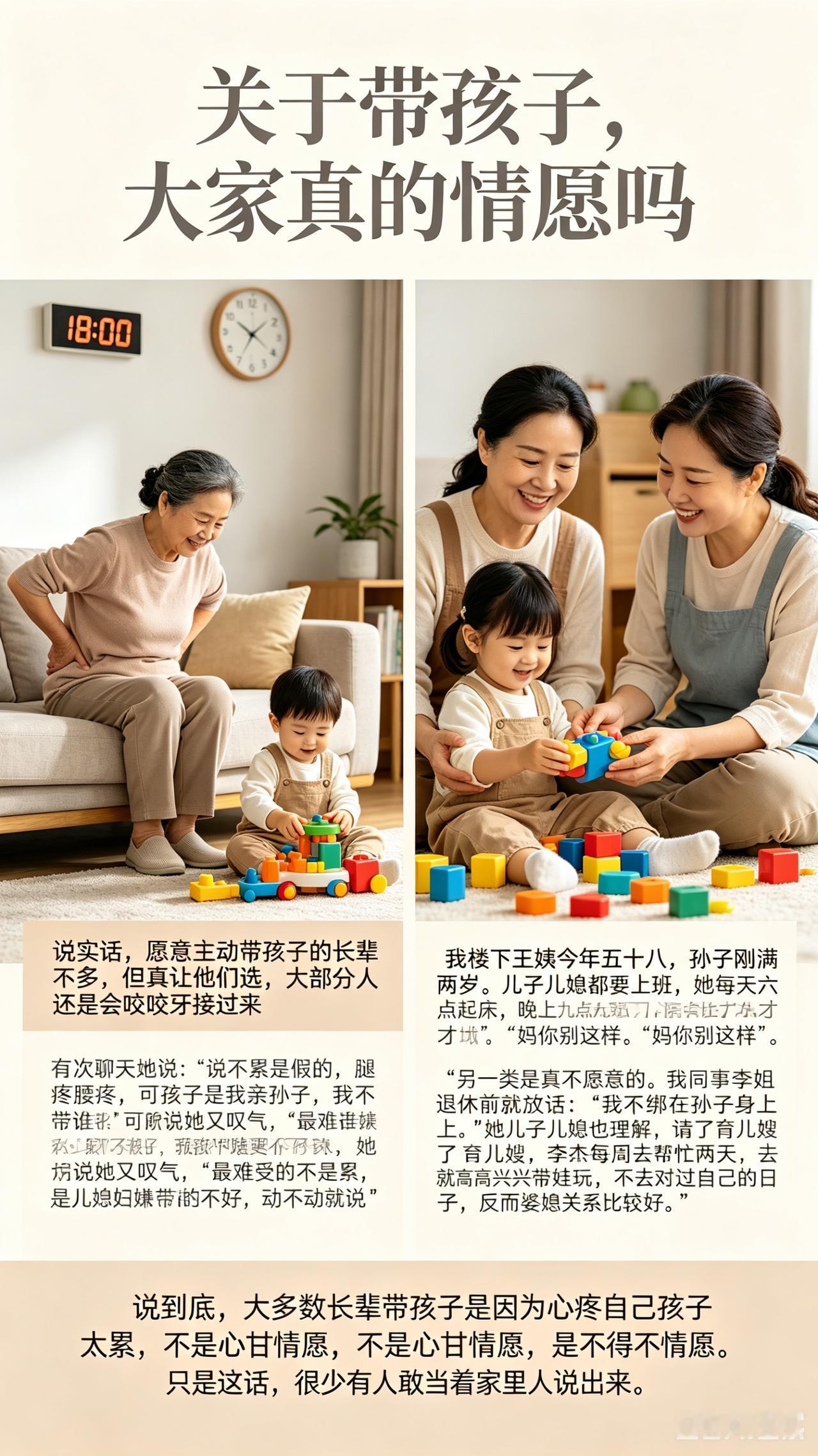 说实话，愿意主动带孩子的长辈不多，但真让他们选，大部分人还是会咬咬牙接过来。
