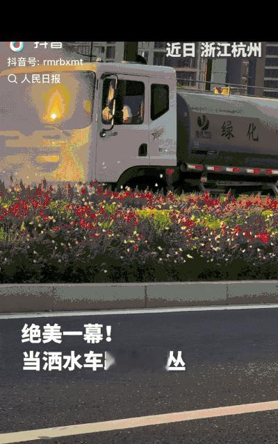 “没想到上人民日报了！”杭州，一车主路遇洒水车给路边的花丛酒水，开始还以为司机会