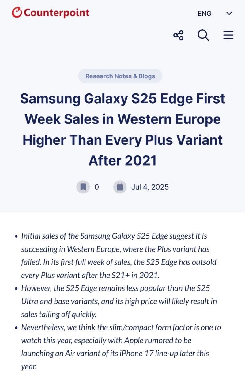 Galaxy S25 Edge 机型在全球市场的销量分析已经出炉​值得注意的是，