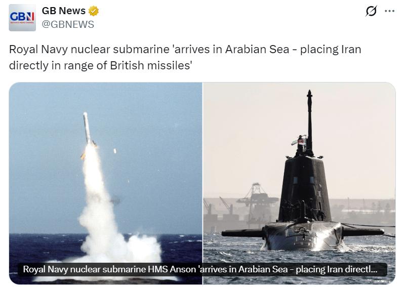 据媒体消息：英国一艘配备战斧巡航导弹的核动力潜艇安森号（HMS Anson）已部