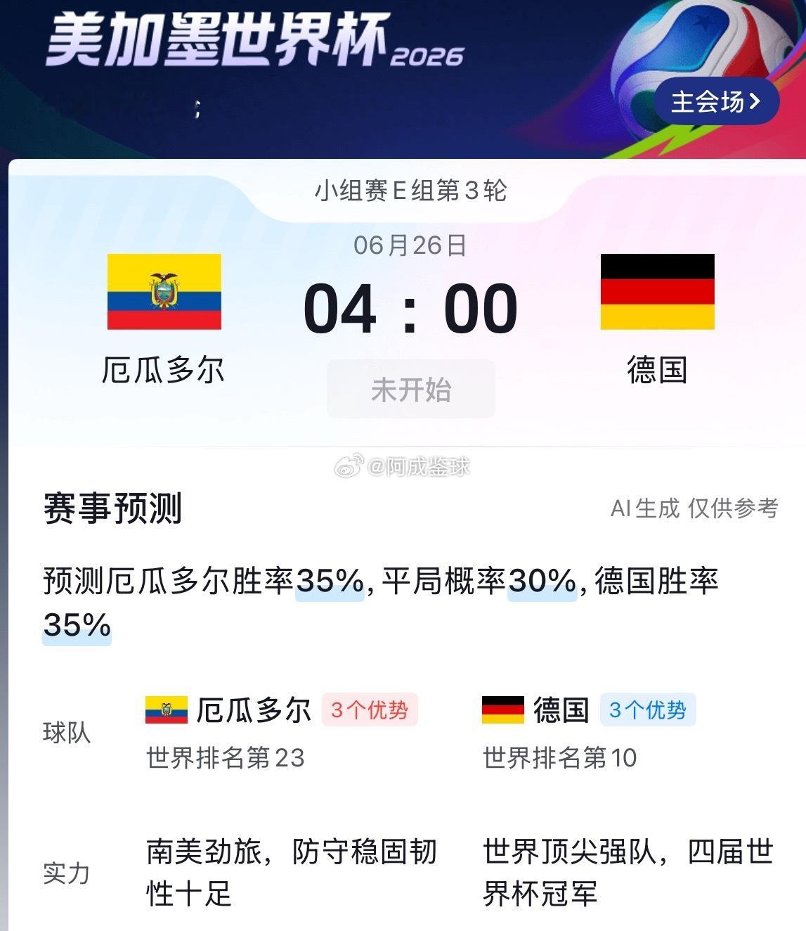 周四055：世界杯   厄瓜多尔VS德国2026.06.26     04：00