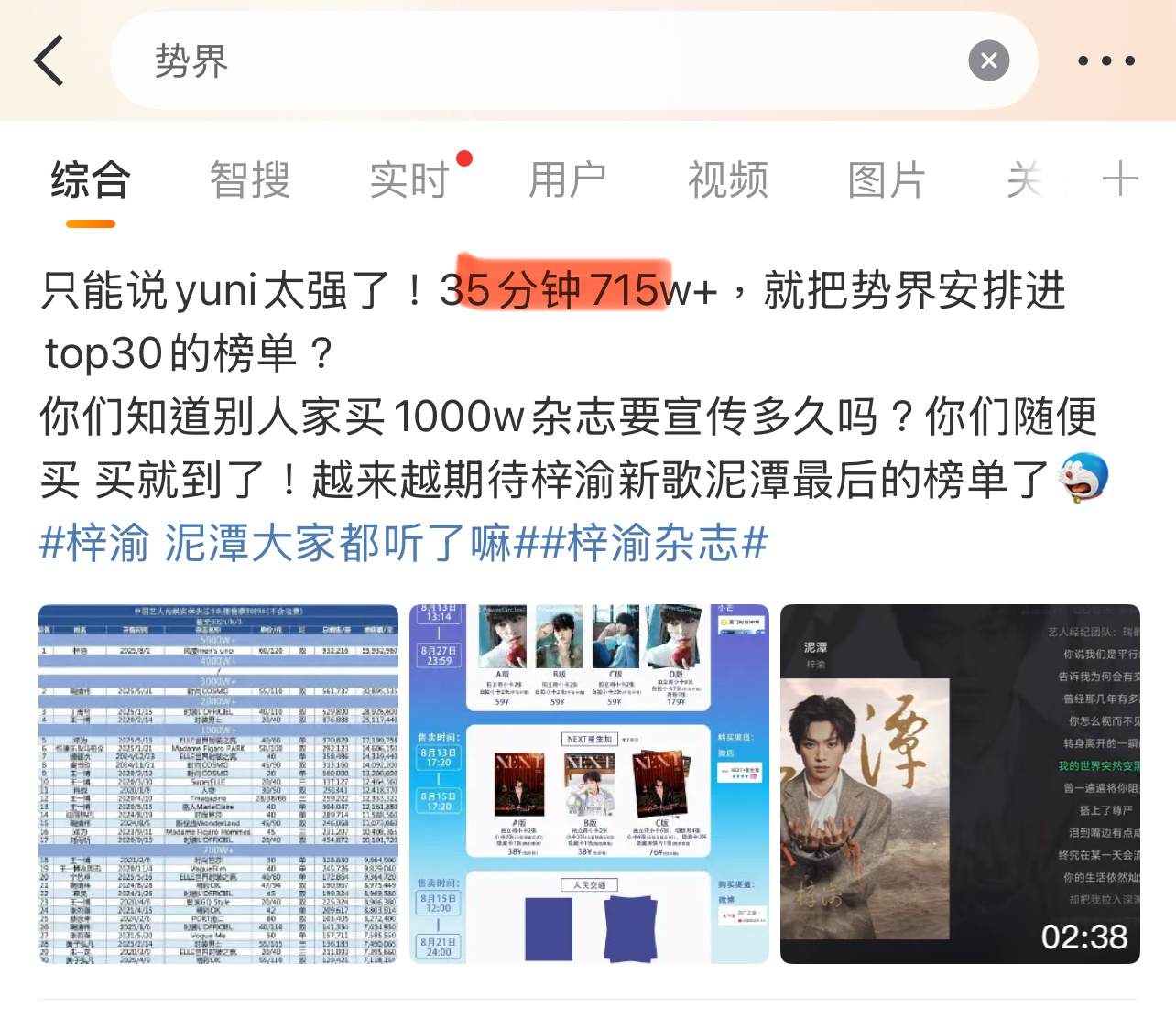 梓渝的粉丝消费能力真强！[淚奔][淚奔][淚奔]梓渝新歌热度13亿势界 ​​​