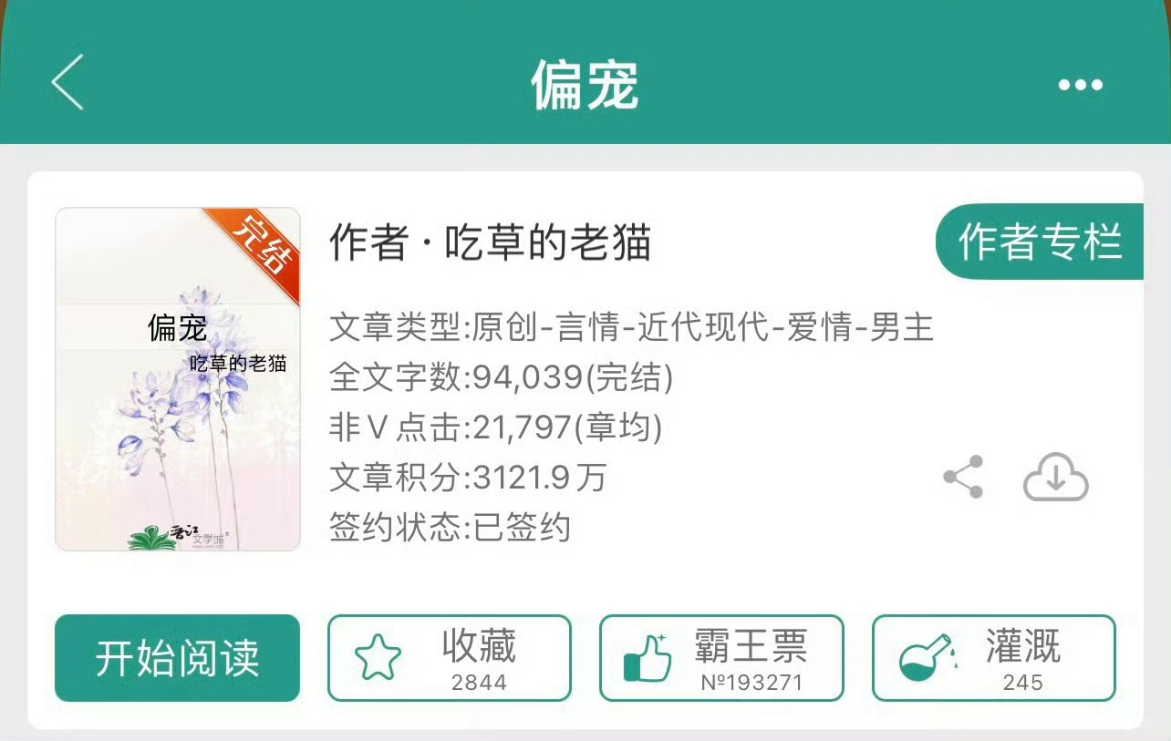 小说推荐：《偏宠》 作者:吃草的老猫简评：清冷妖精女主vs冷酷性感大佬，暗恋，养