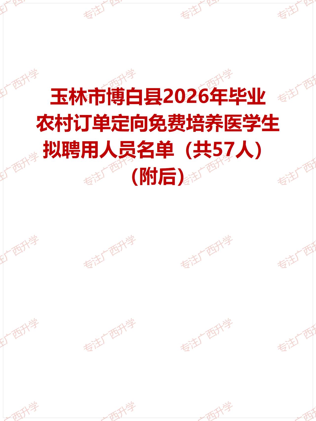 玉林市博白县2026年毕业农村订单定向免费培养医学生拟聘用人员名单（共57人）—