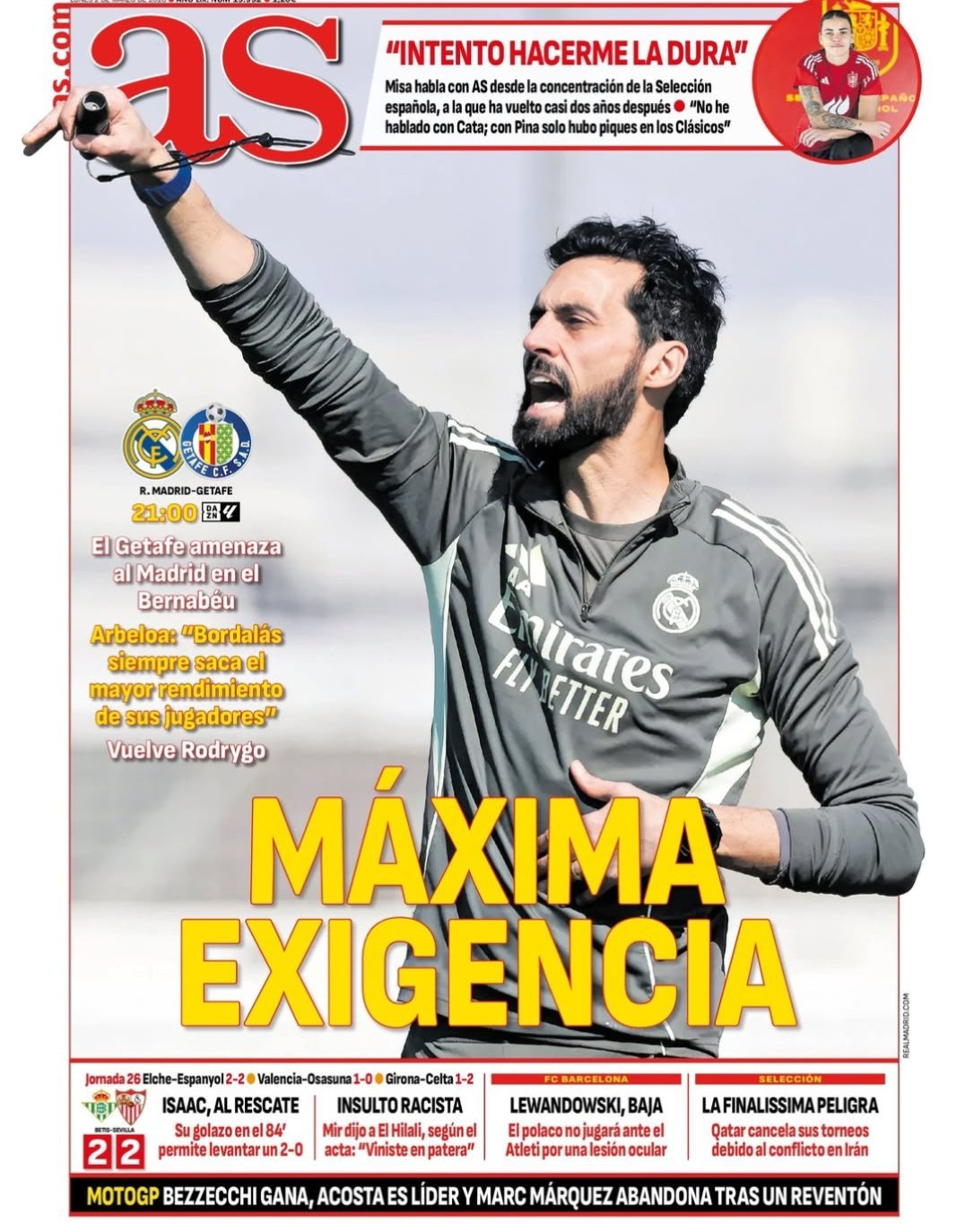 皇马 《阿斯》最大需求赫塔菲带来威胁阿韦罗亚:“博尔达拉斯总能让他的球员们发挥出