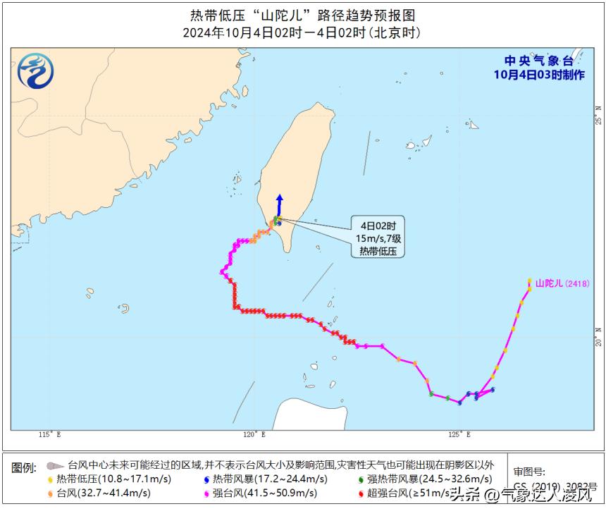 台风山陀儿在登陆台湾后迅速减弱，今天凌晨已经减弱位热带低压，中央气象台对其停止编
