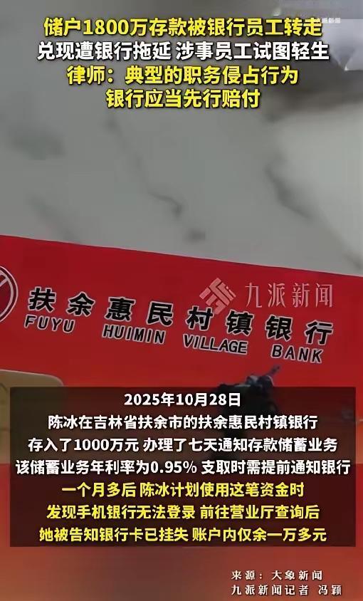 据新闻报道，半年前，吉林省的陈冰将1000万元现金存入吉林省扶余市的扶余惠民村镇