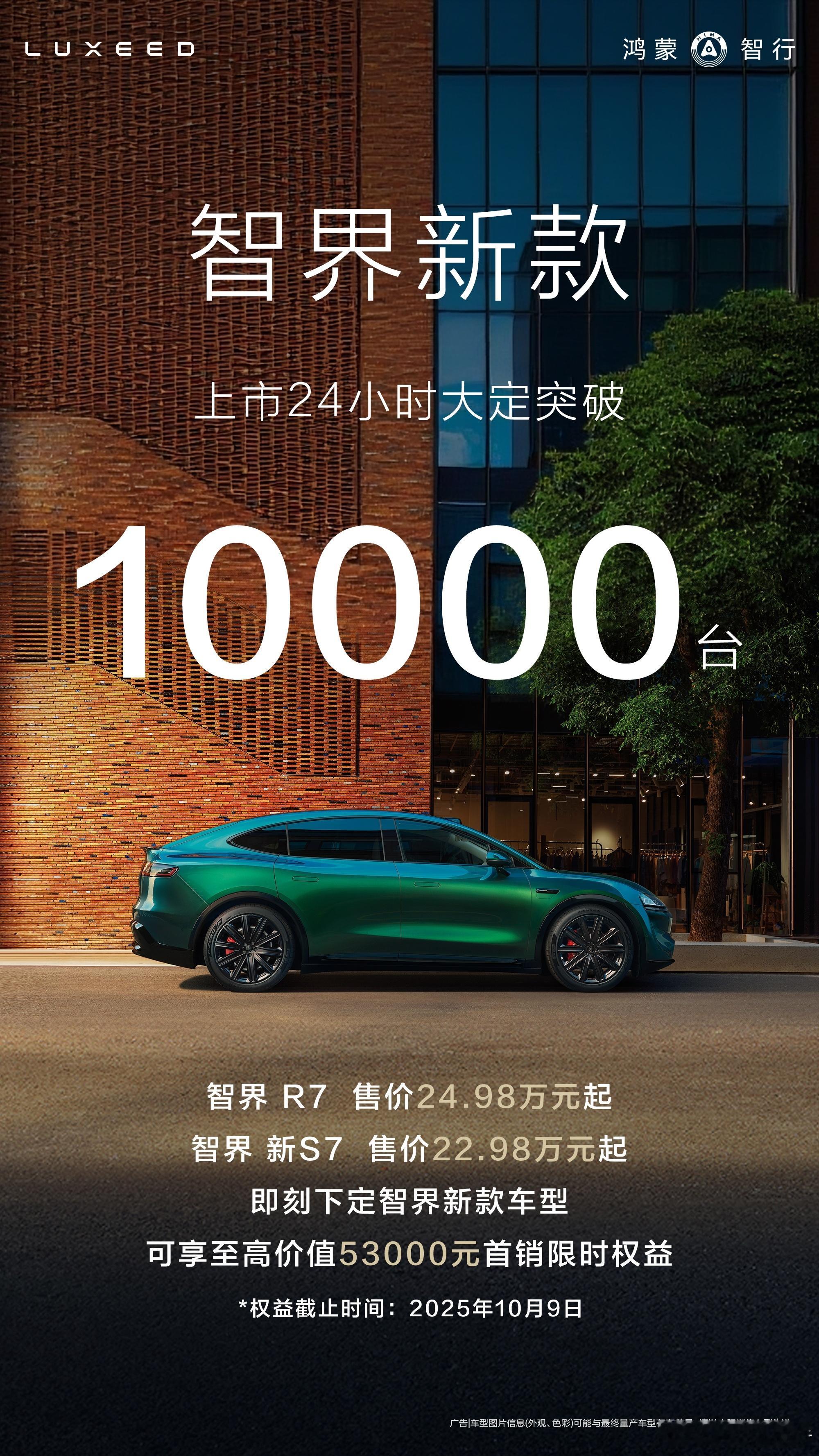 新款智界R7/S7上市24小时大定破10000台8月26日，鸿蒙智行官方宣布，新