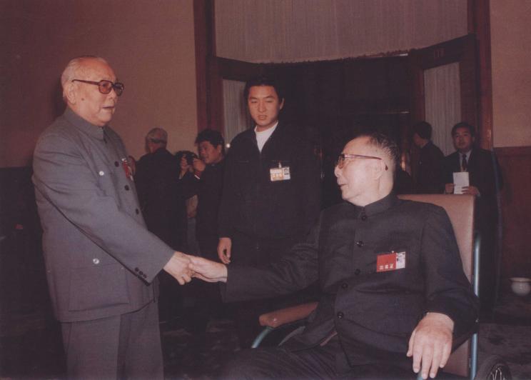 1987年，在一次会议休息里，李先念主动走过来和聂荣臻元帅握手。两位都是劳苦功高