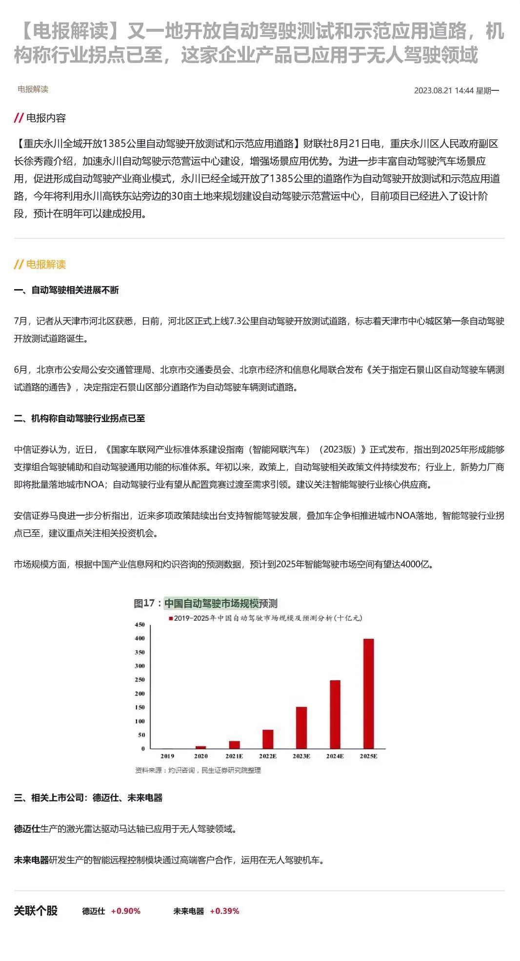 又一地开放自动驾驶测试和示范应用道路，机构称行业拐点已至，这家企业产品已应用于无