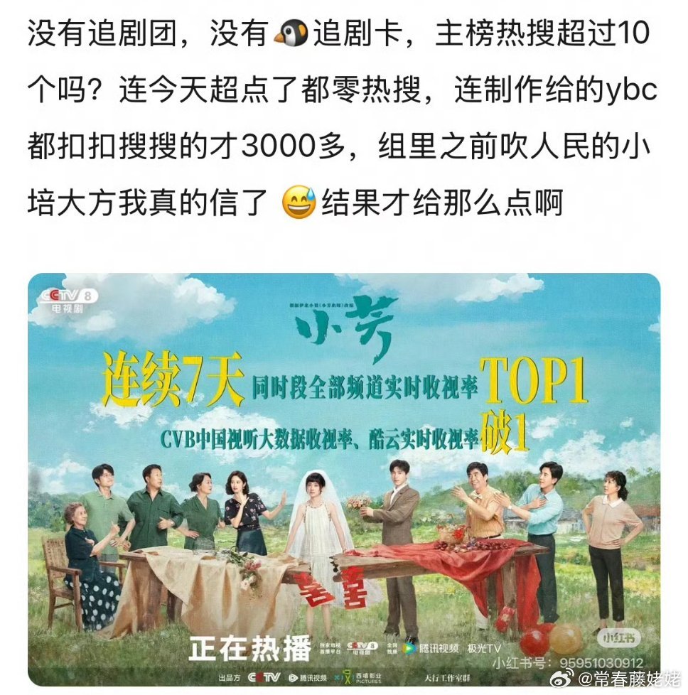 小芳真的没有做啥营销，但是收视率还挺好的呢，投资也不大，这样也行吧，杨晓培今年骄