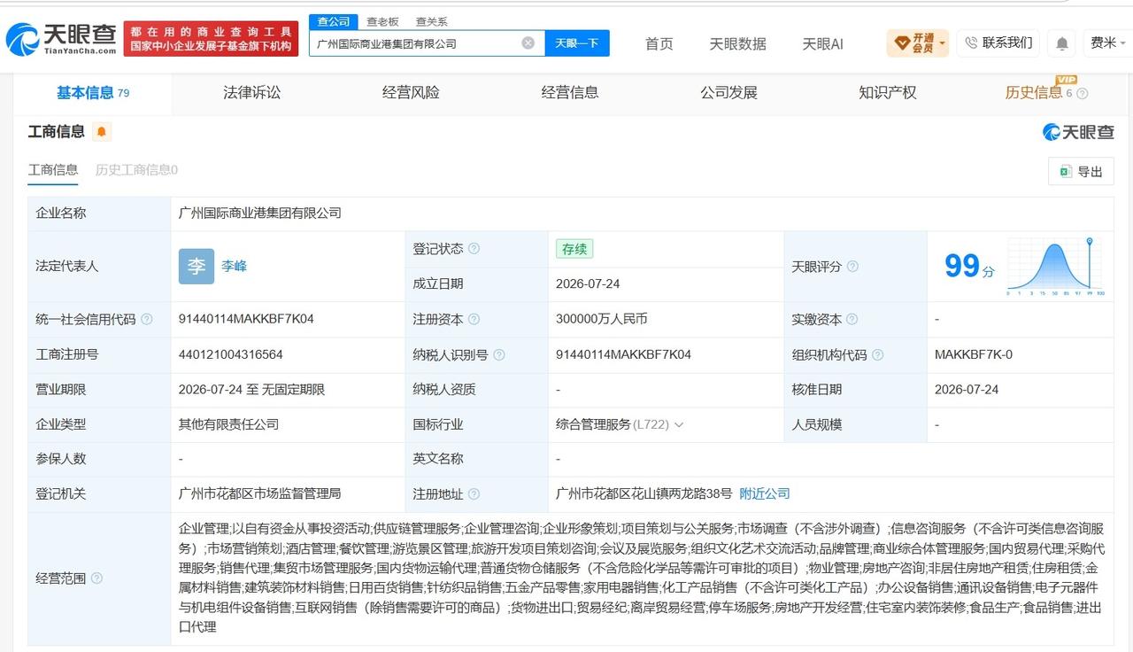 【广州国际商业港集团登记成立 注册资本30亿】
天眼查App显示，近日，广州国际