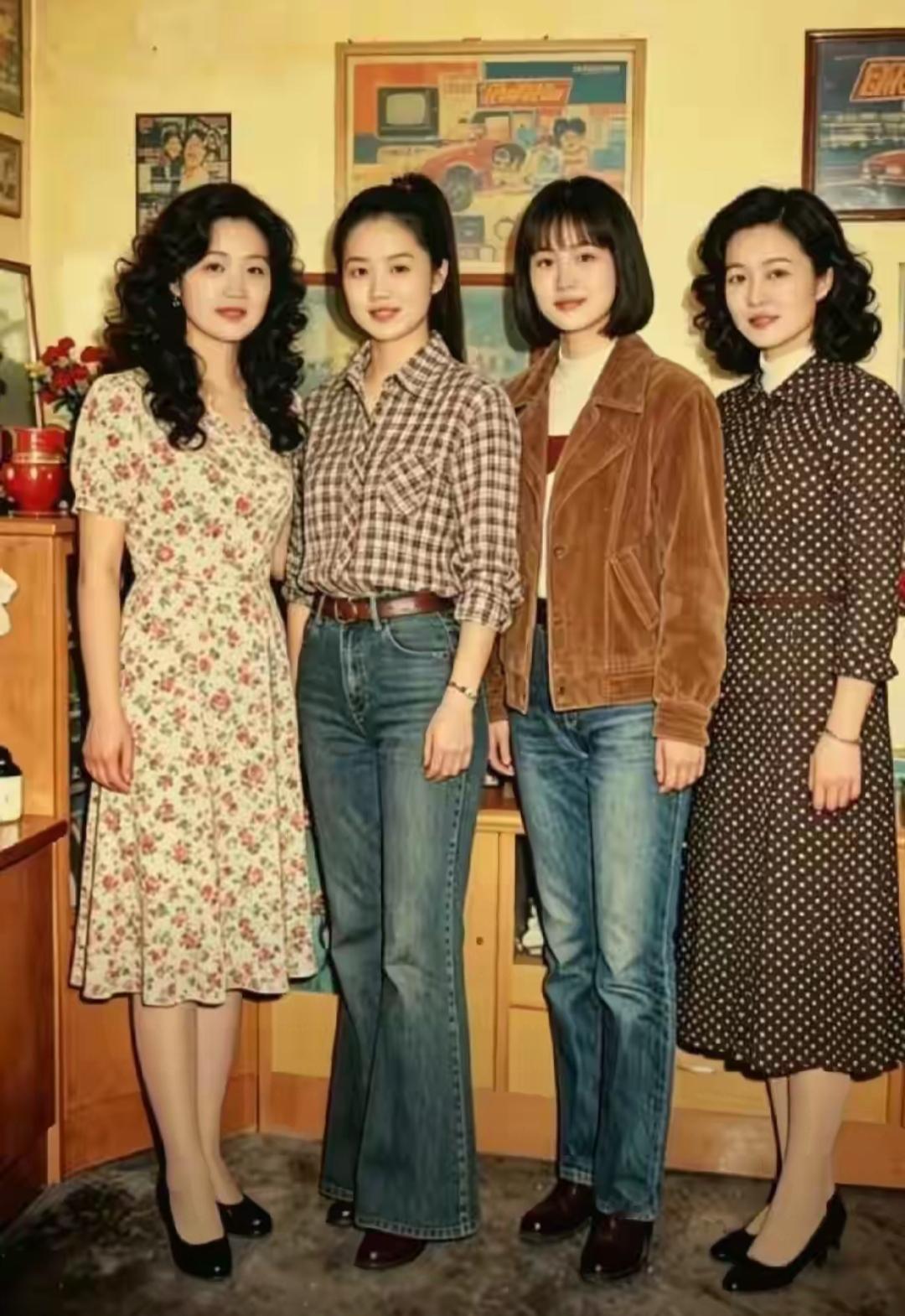 四姐妹👭穿着时尚的服装合影。90年代，非常朴素，能穿皮鞋也不是一般家庭。那时候