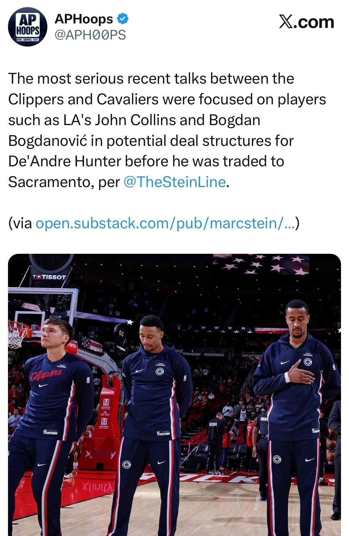 骑士与快船早有合作意向，Stein：快船骑士此前深入谈判，曾考虑用科林斯、博格丹