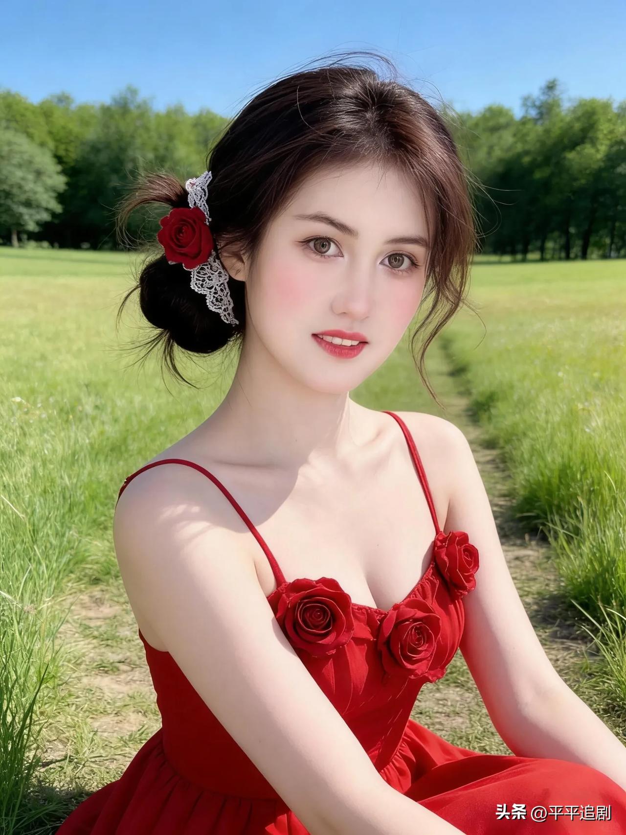 红裙如焰，玫瑰藏在衣间。
白蕾丝轻绕发梢，笑意漫过青草地，
在风里，做鲜活又热烈