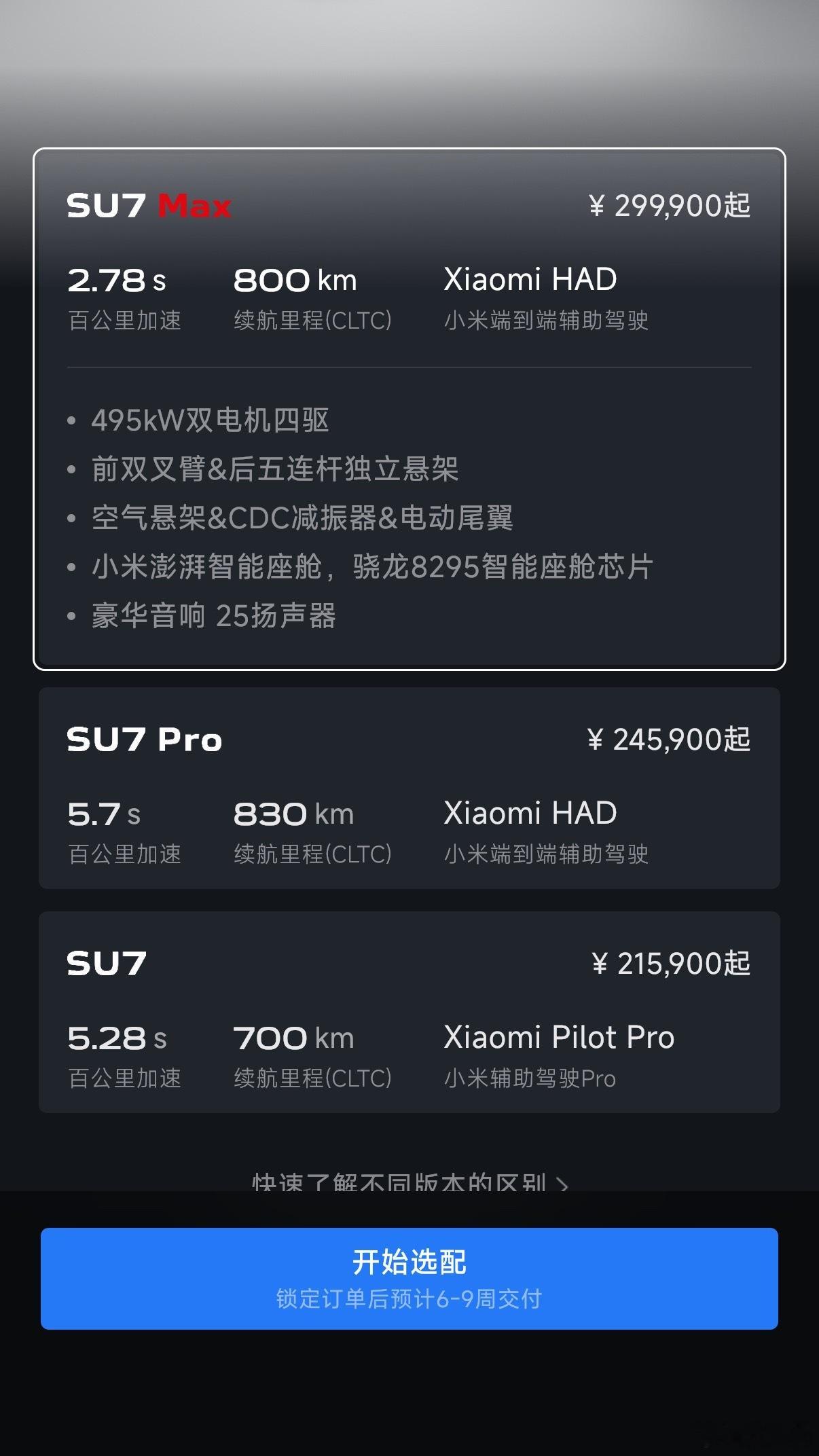 现在买SU7 Max和SU7 Pro均只要6-9周就可以提车了，提前了非常多，运