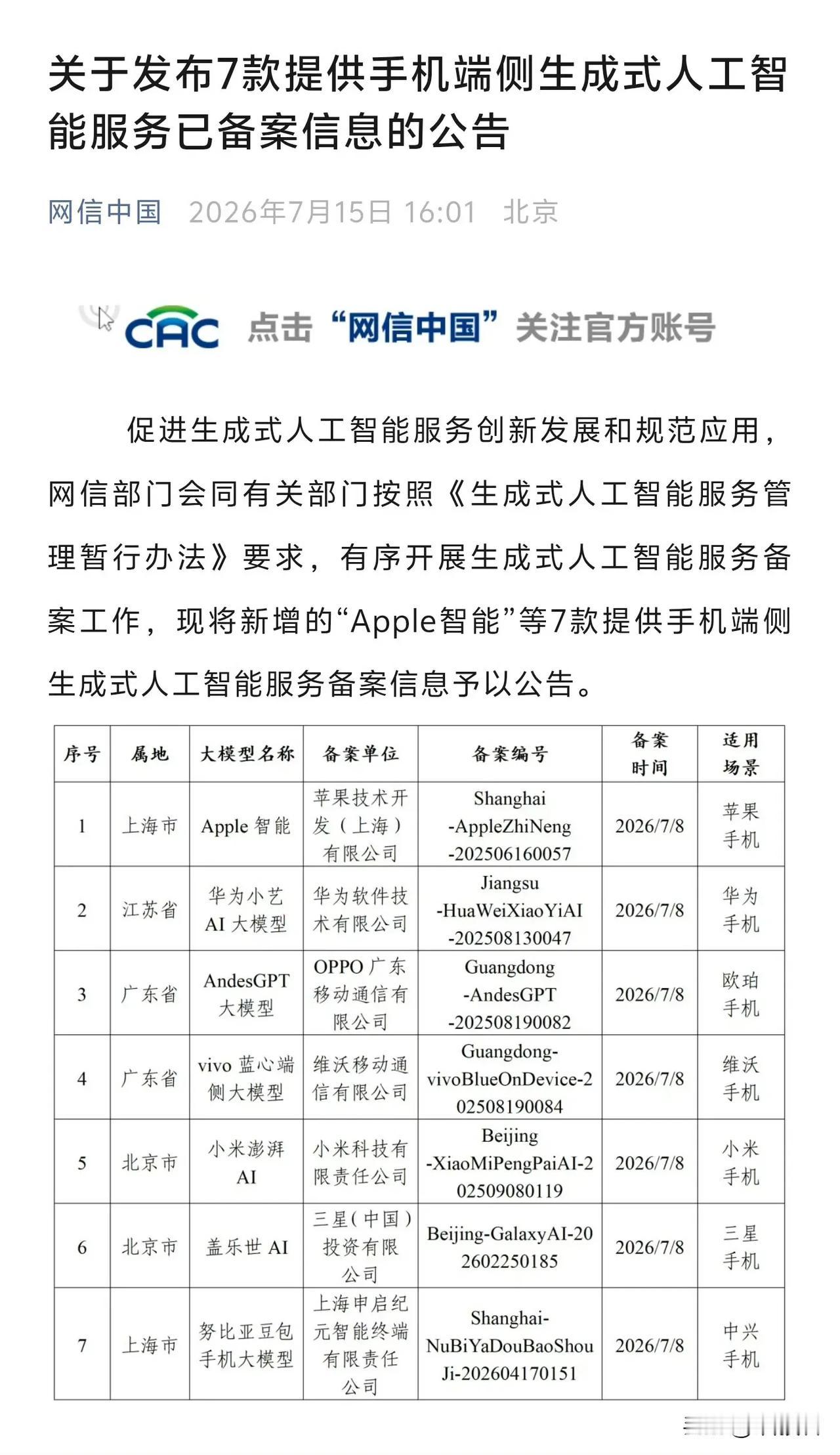 7 款提供手机端侧生成式人工智能服务已备案信息的公告

苹果：Apple 智能