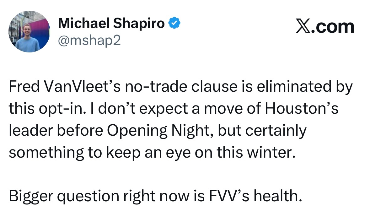 范乔丹暂时留队，火箭记者Michael Shapiro：“范弗利特今日执行球员选