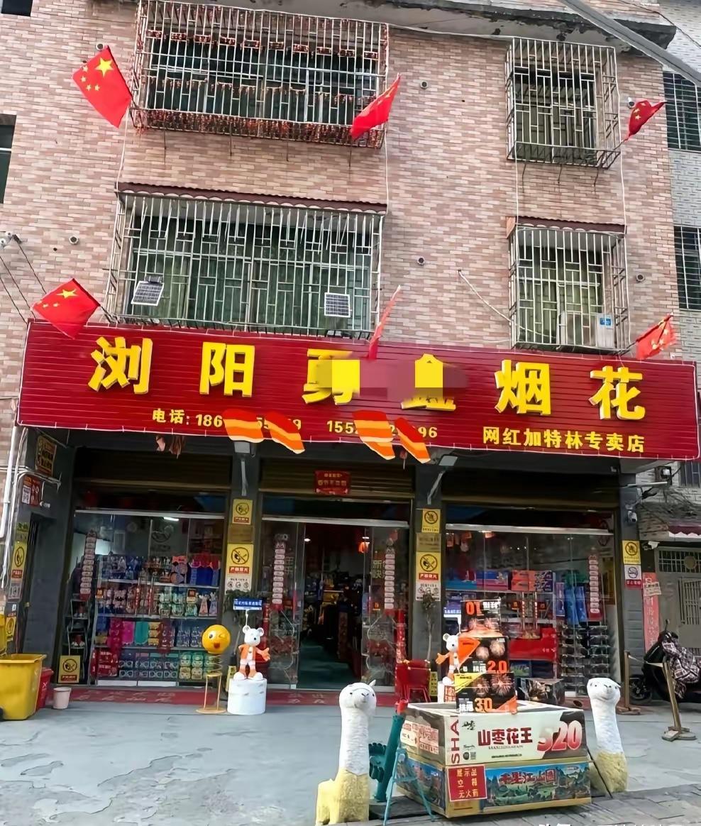 烟花店门口收拾的很干净，老板的长相看着就很和善，门口摆放着玩偶，门头上方有国旗，