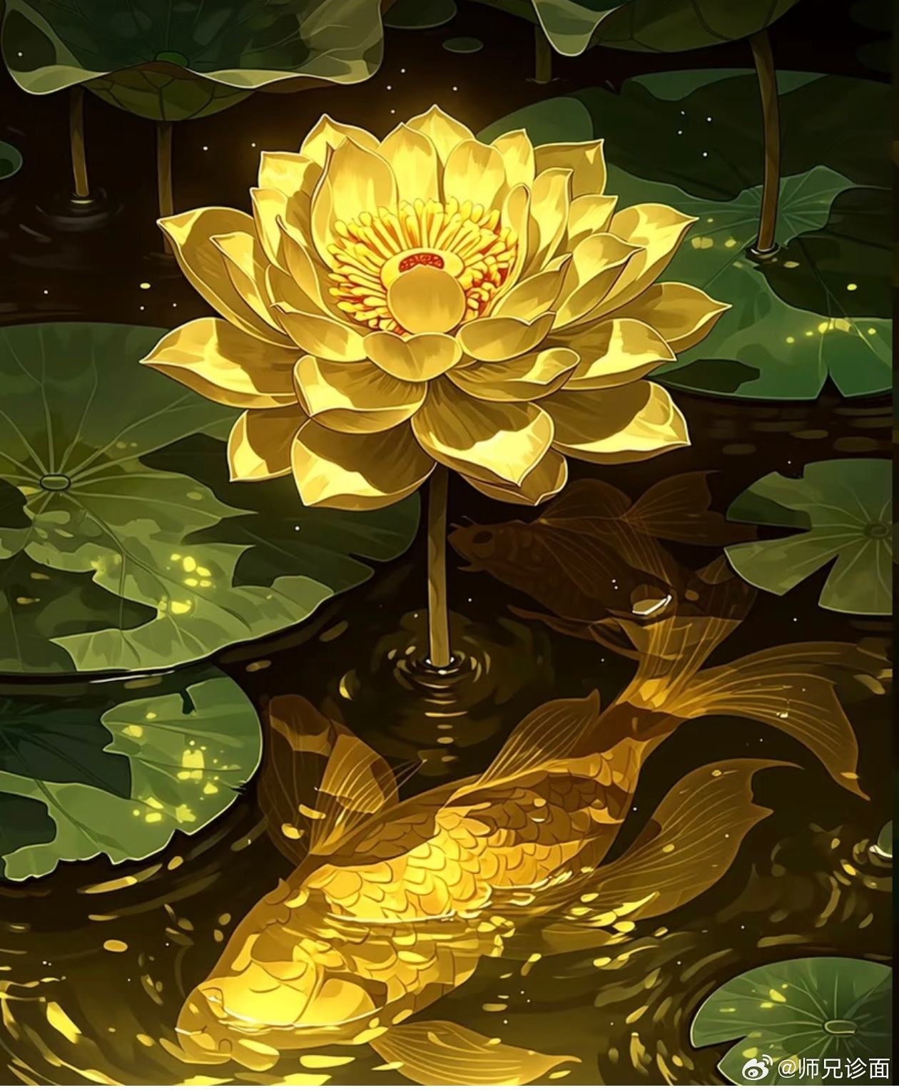 这朵金莲下面游走着锦鲤，这朵仙莲的能量非常好，吸引来了好的事物。所以，只要我们正