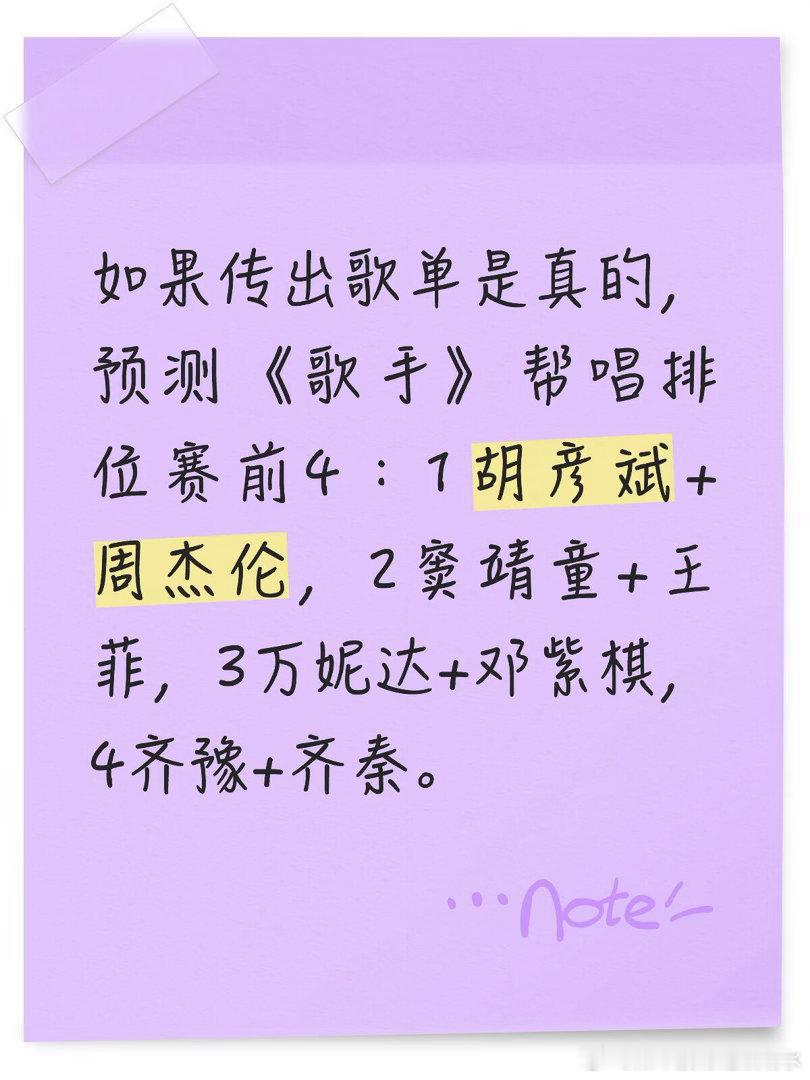 如果传出歌单是真的，预测《歌手》帮唱排位赛前4：1胡彦斌+周杰伦，2窦靖童+王菲