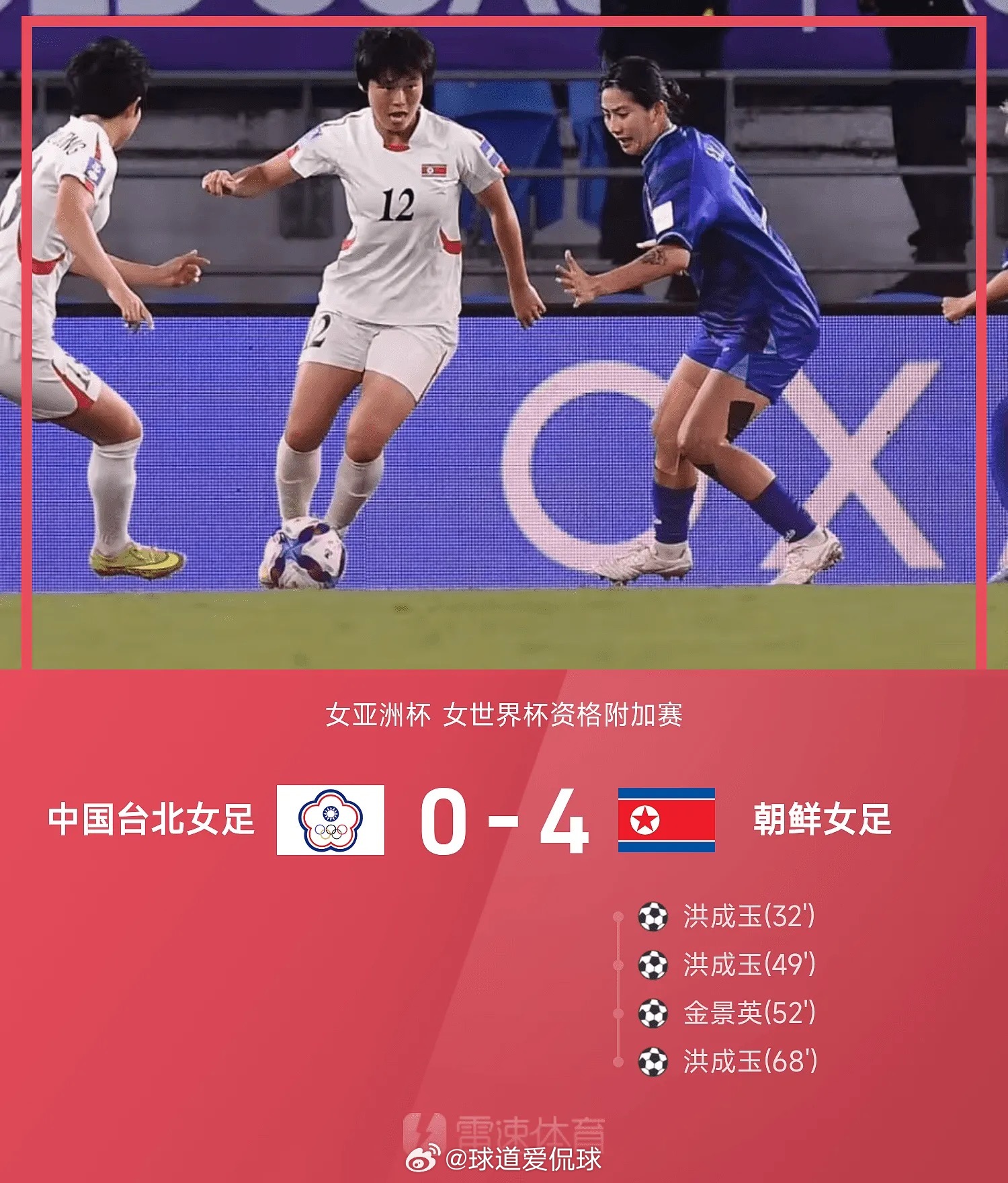 03月19日讯 女足亚洲杯的世界杯资格附加赛，朝鲜女足4-0战胜中国台北女足。上