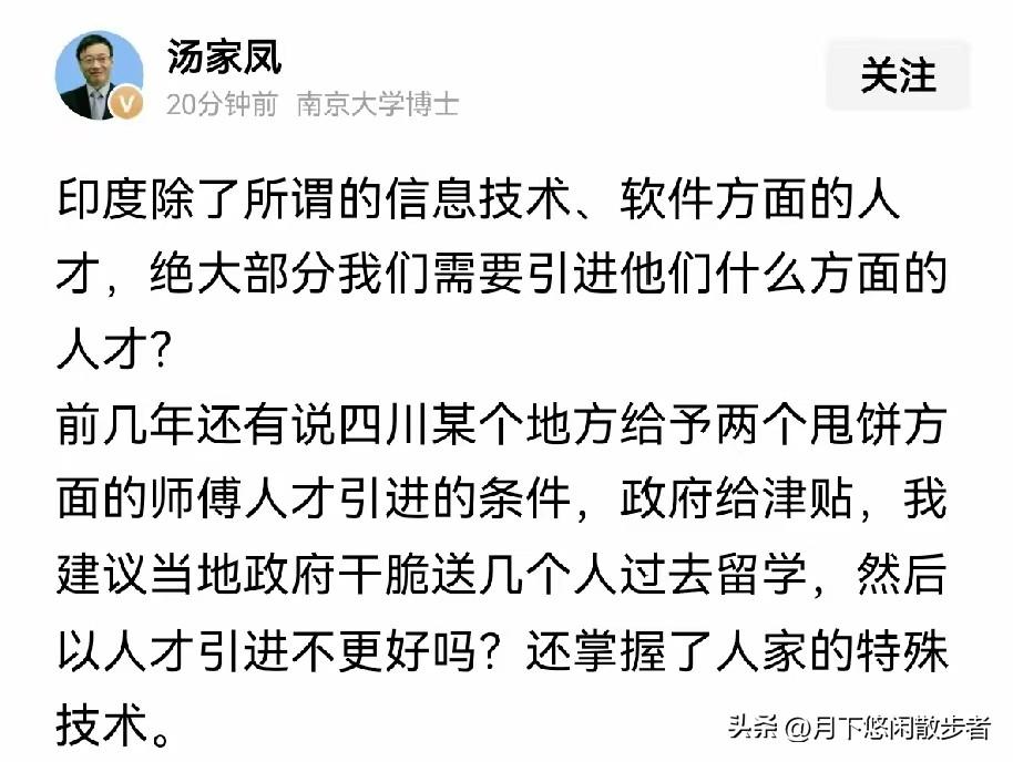 汤家凤这是准备和放印度人进来的人死磕了！
他说：“”印度除了所谓信息技术、软件方