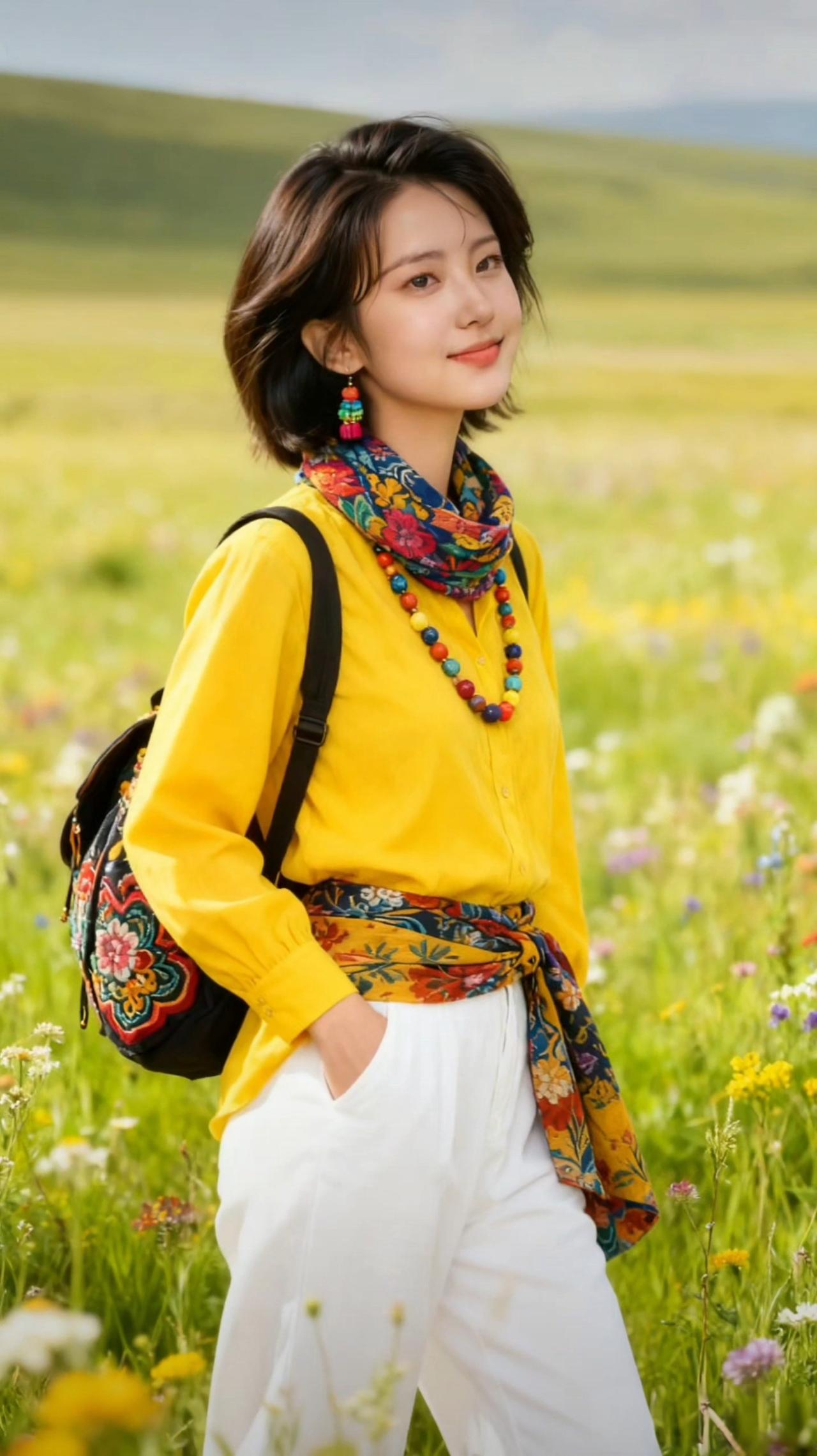 草原上的少女，色彩斑斓的服饰，自由自在地漫步在花海中。