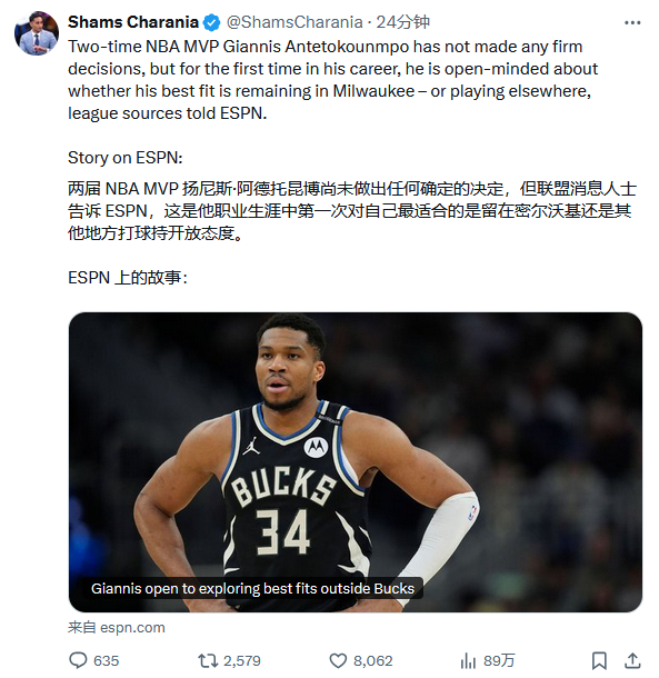 字母哥对离开雄鹿持开放态度。nba季后赛 ​​​