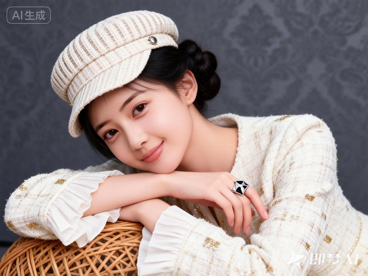 甜美少女风，温柔笑容，复古毛衣与贝雷帽的完美搭配，尽显优雅气质。