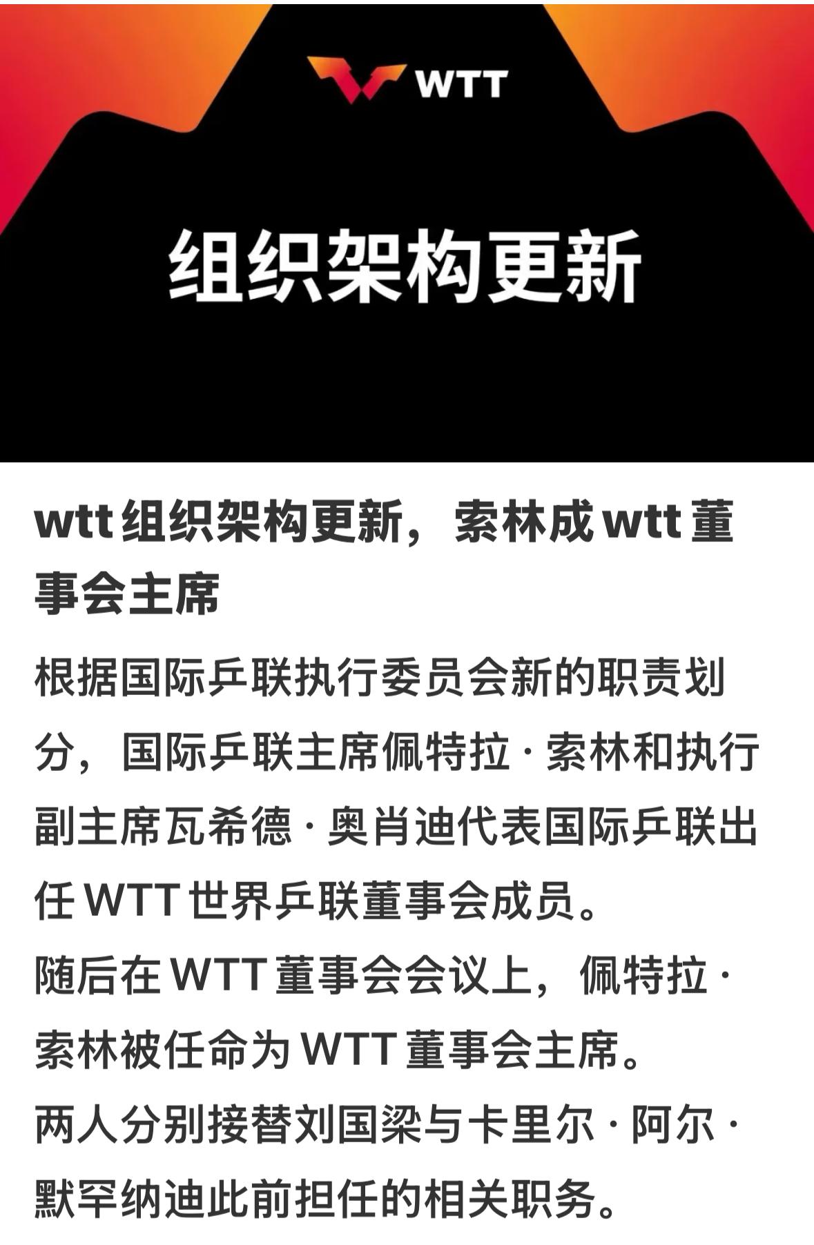 WTT组织架构更新：索林成为WTT董事会主席！
索林被任命为WTT董事会主席，