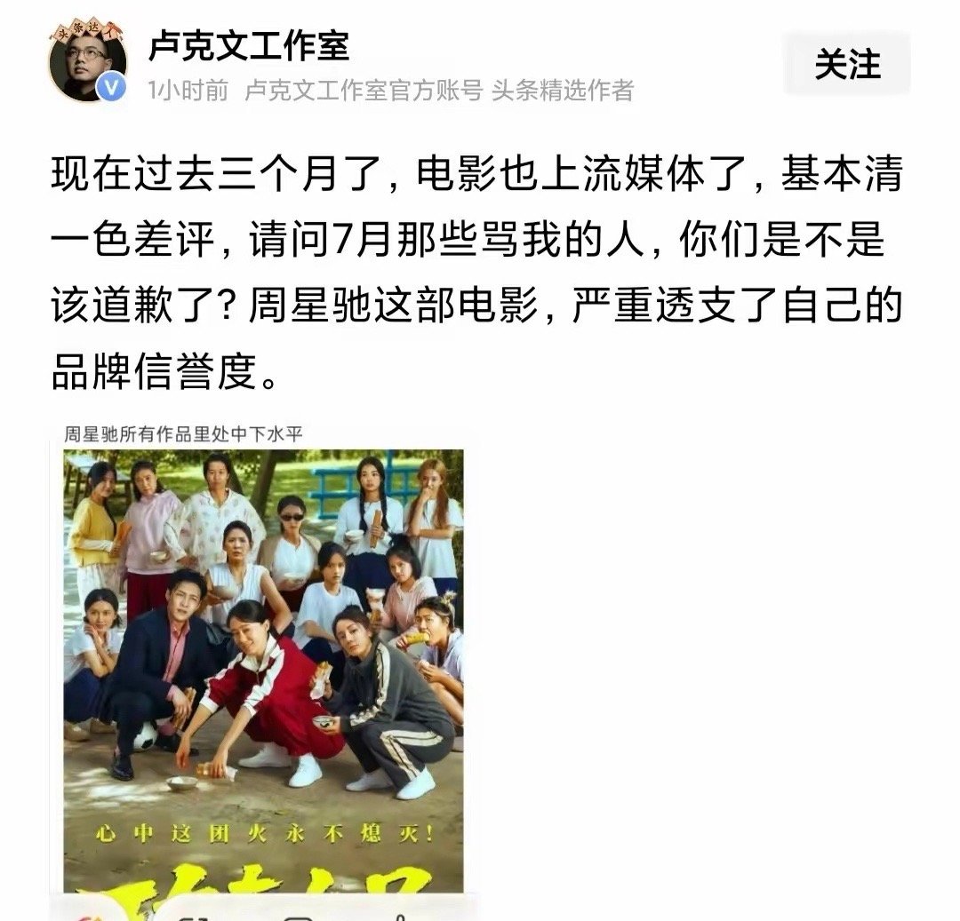 卢克文认为，《功夫女足》透支了周星驰的品牌信誉度。看过这部电影之后，恐怕很多人都