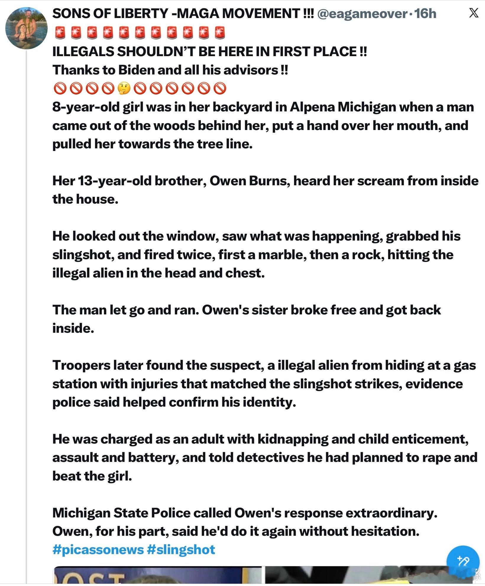 哥哥勇救妹妹！密歇根州Alpena一名8歲女孩在自家後院時，一名男子從她身後的樹