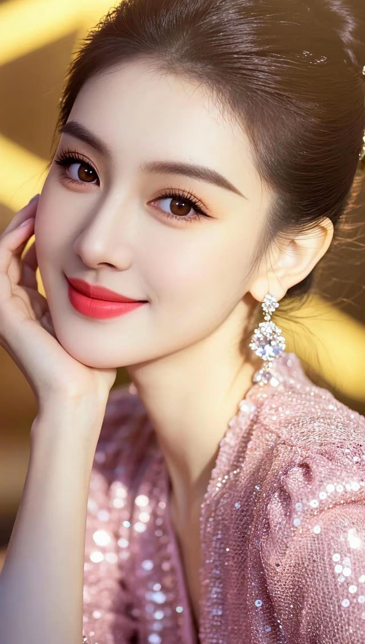 ✨优雅甜美的粉色礼服，闪耀的耳饰，温柔甜美的笑容✨