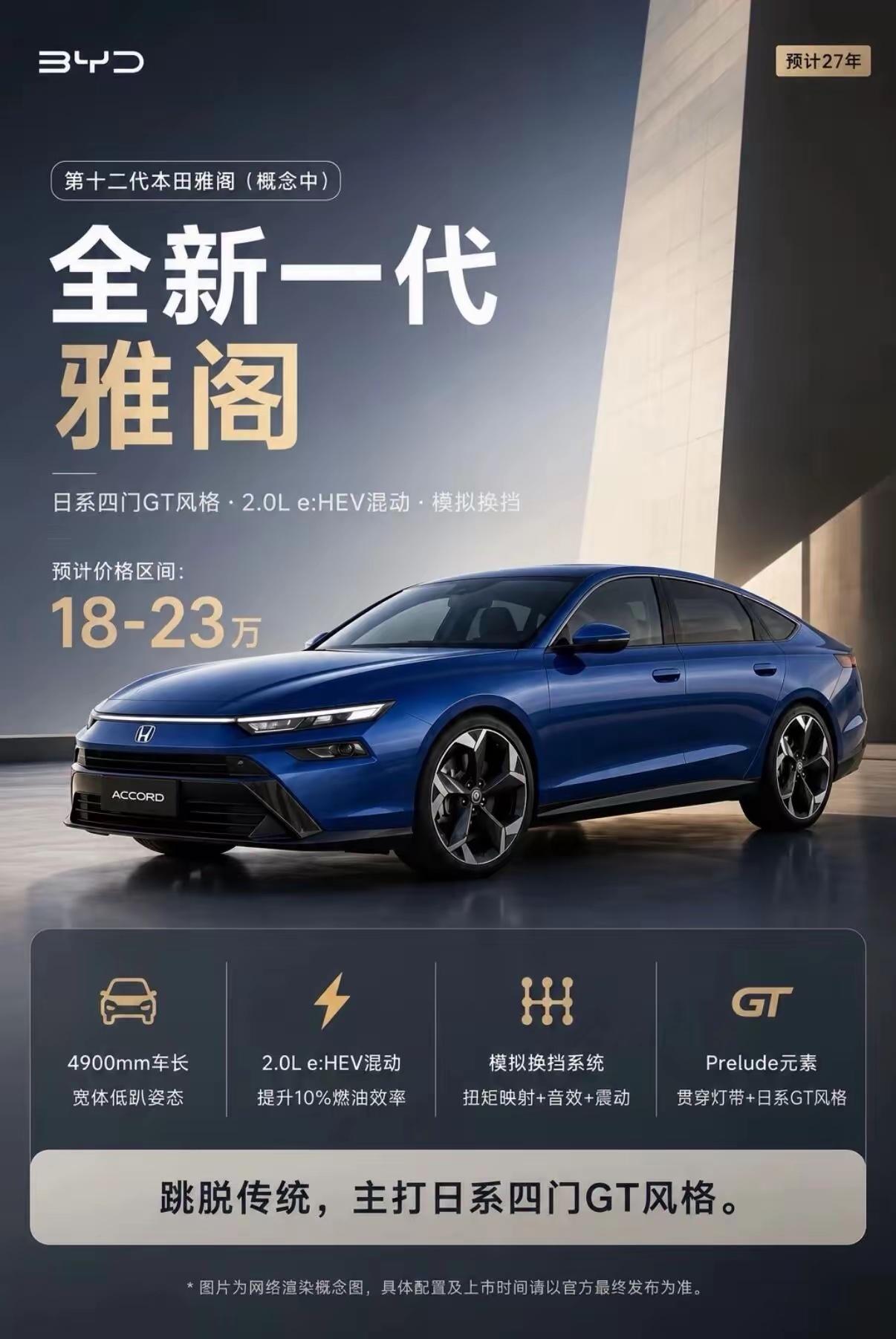 全新一代第十二代雅阁目前处于概念阶段，主打跳脱传统的日系四门GT风格，整体造型看