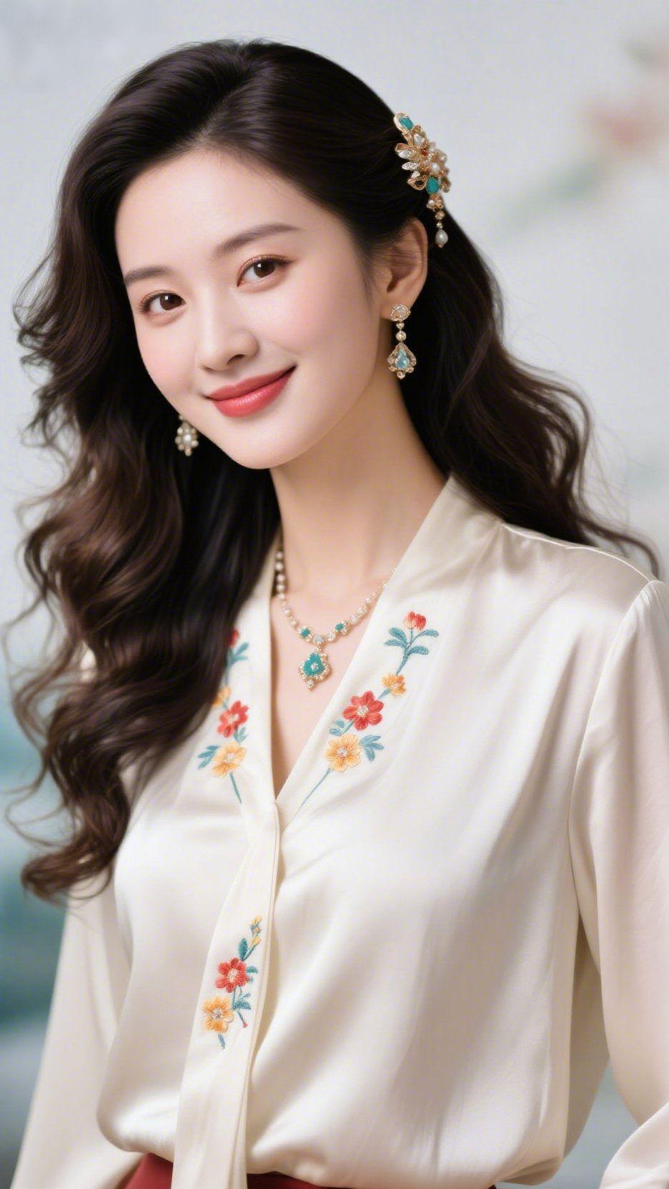 《素衫载满春日柔》
 
米白衫子裹着轻柔光韵，领间绣簇似沾了晨露的清甜，发间翠饰