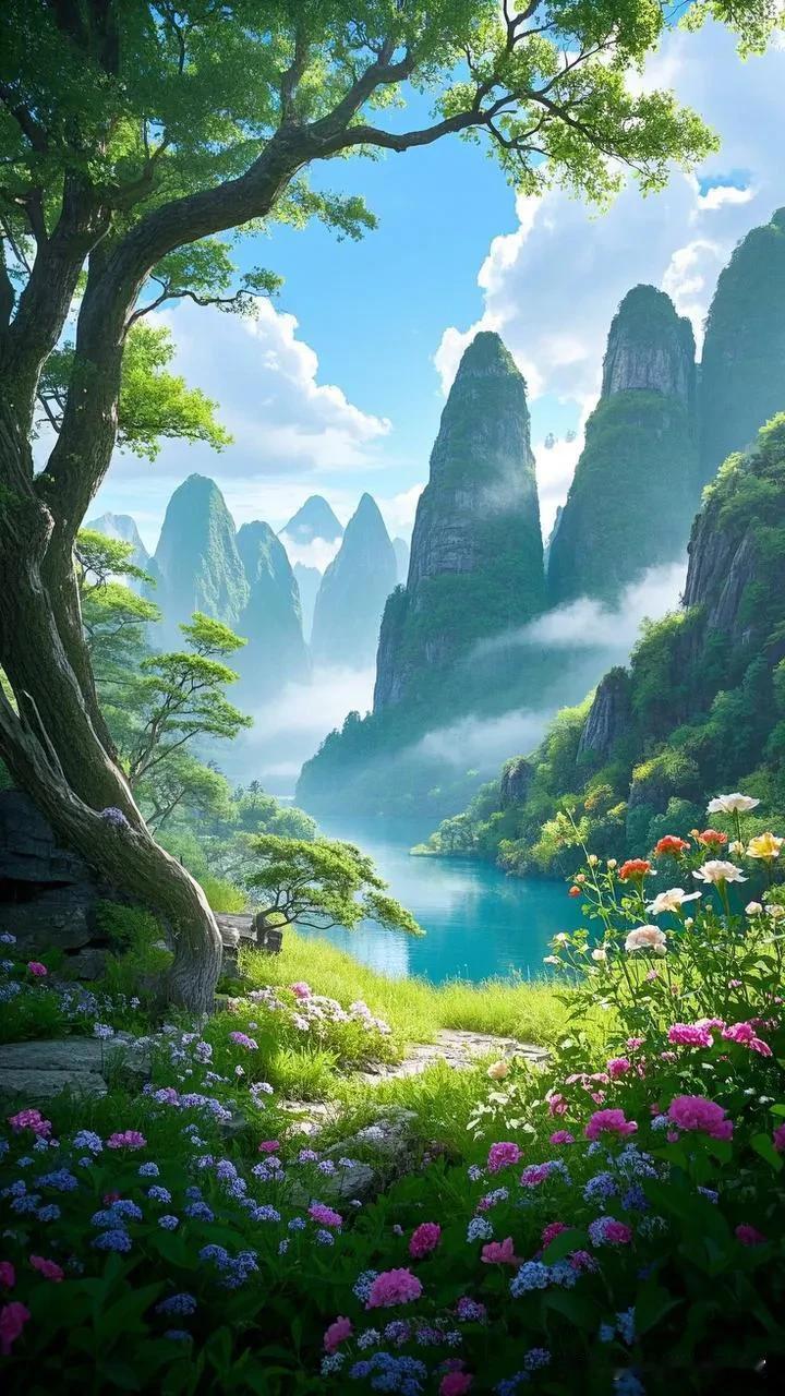 静景凝思
 
翠岭含烟黛影悠，
碧溪漱石韵长流。
繁花绽处香盈袖，
远岫浮光意未