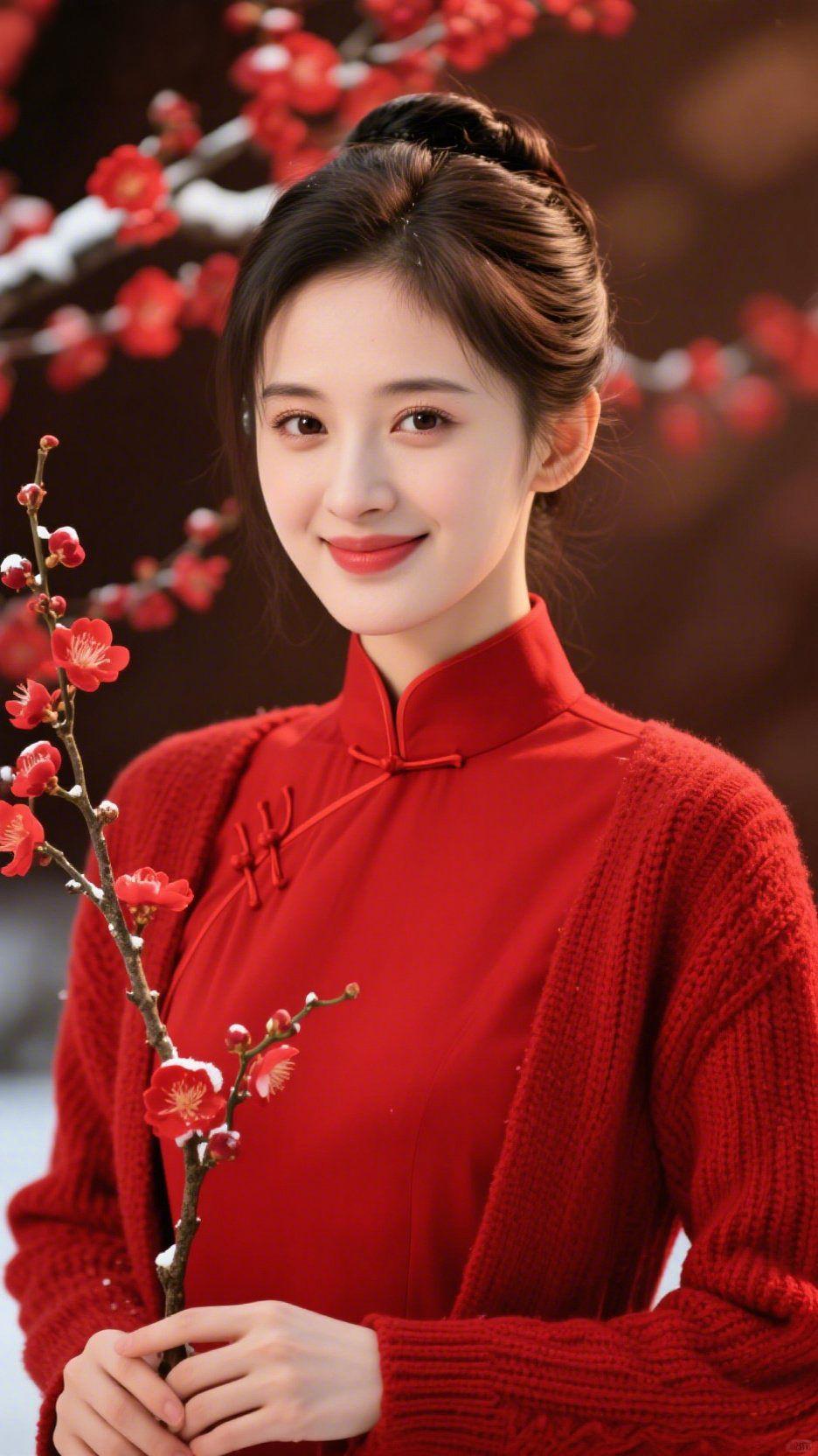 《红梅映冬光》
 
雪屑轻沾梅枝时，她捧枝立在风里——一身红如暖融的焰，旗袍盘扣