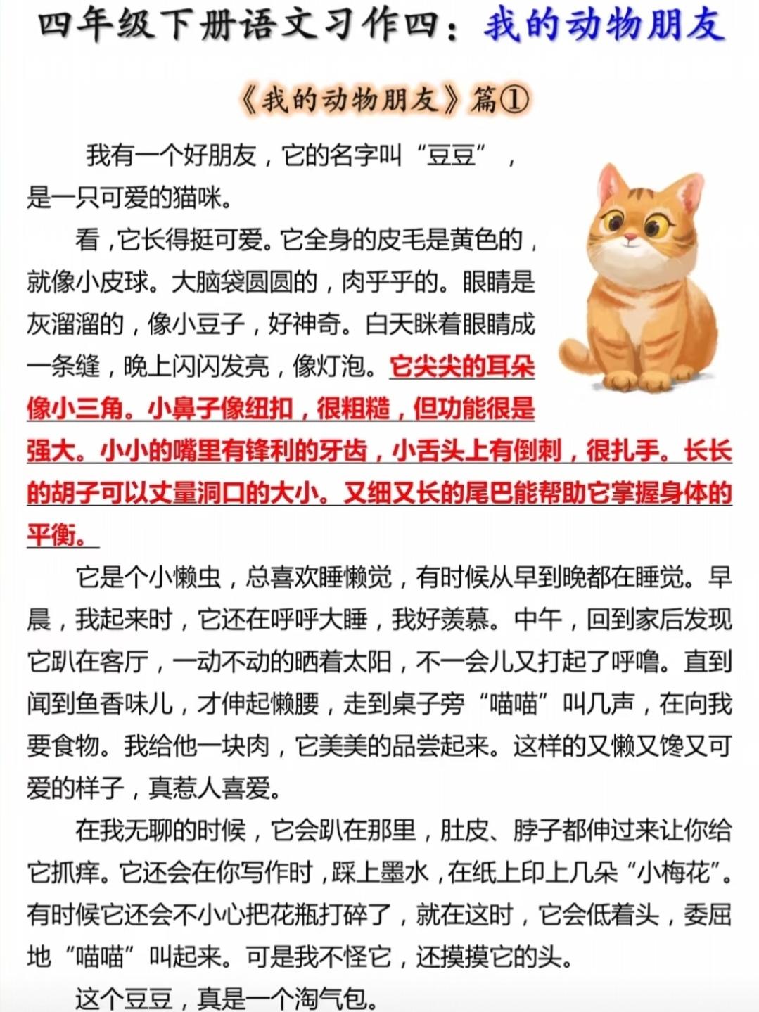四年级下册语文，第四单元习作《我的动物朋友》精选作文范文4篇，收藏参考学习～四年