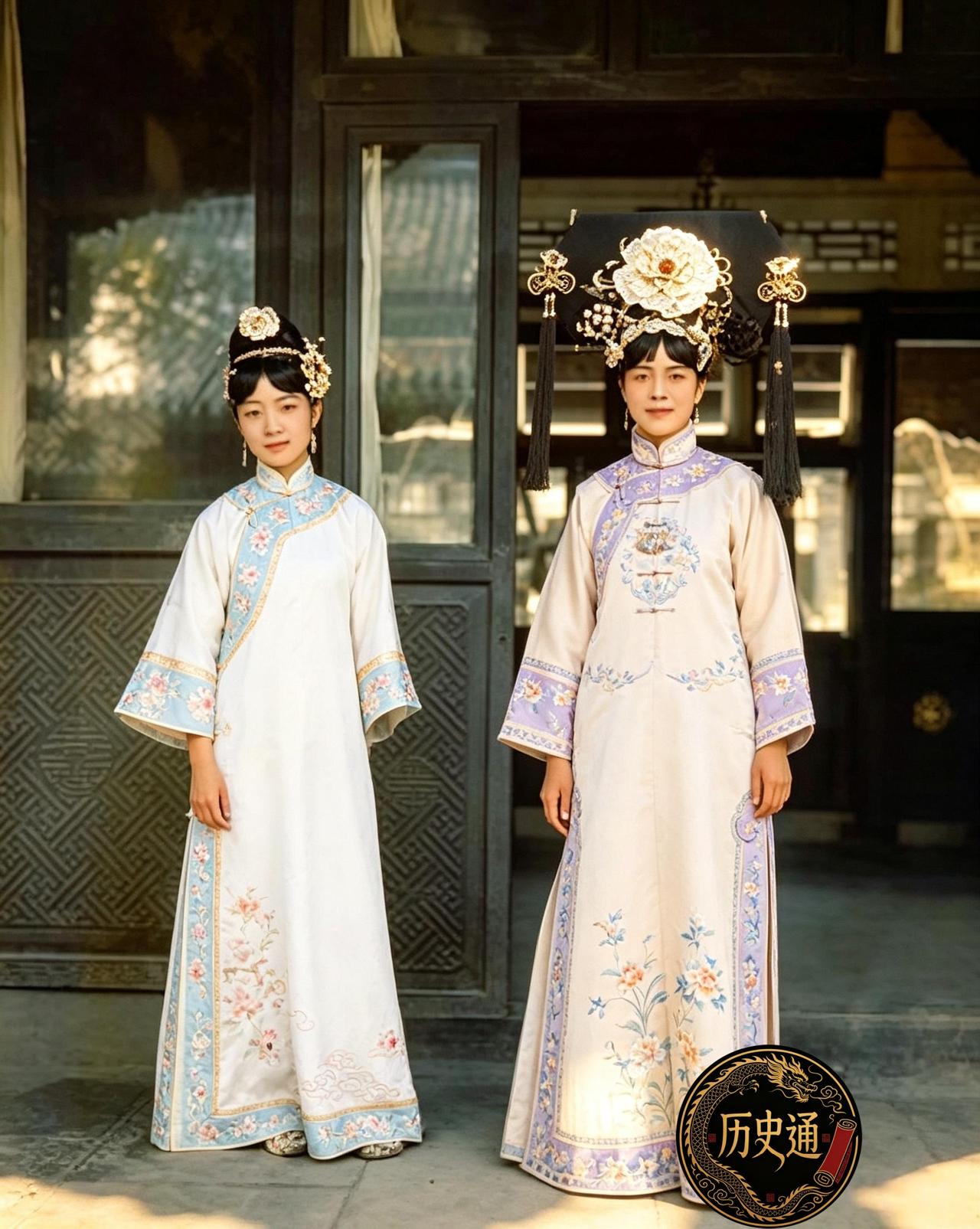 这是末代皇后婉容与英文老师任萨姆并肩而站。任萨姆戴着达拉翅，一身装扮，气场毫不逊
