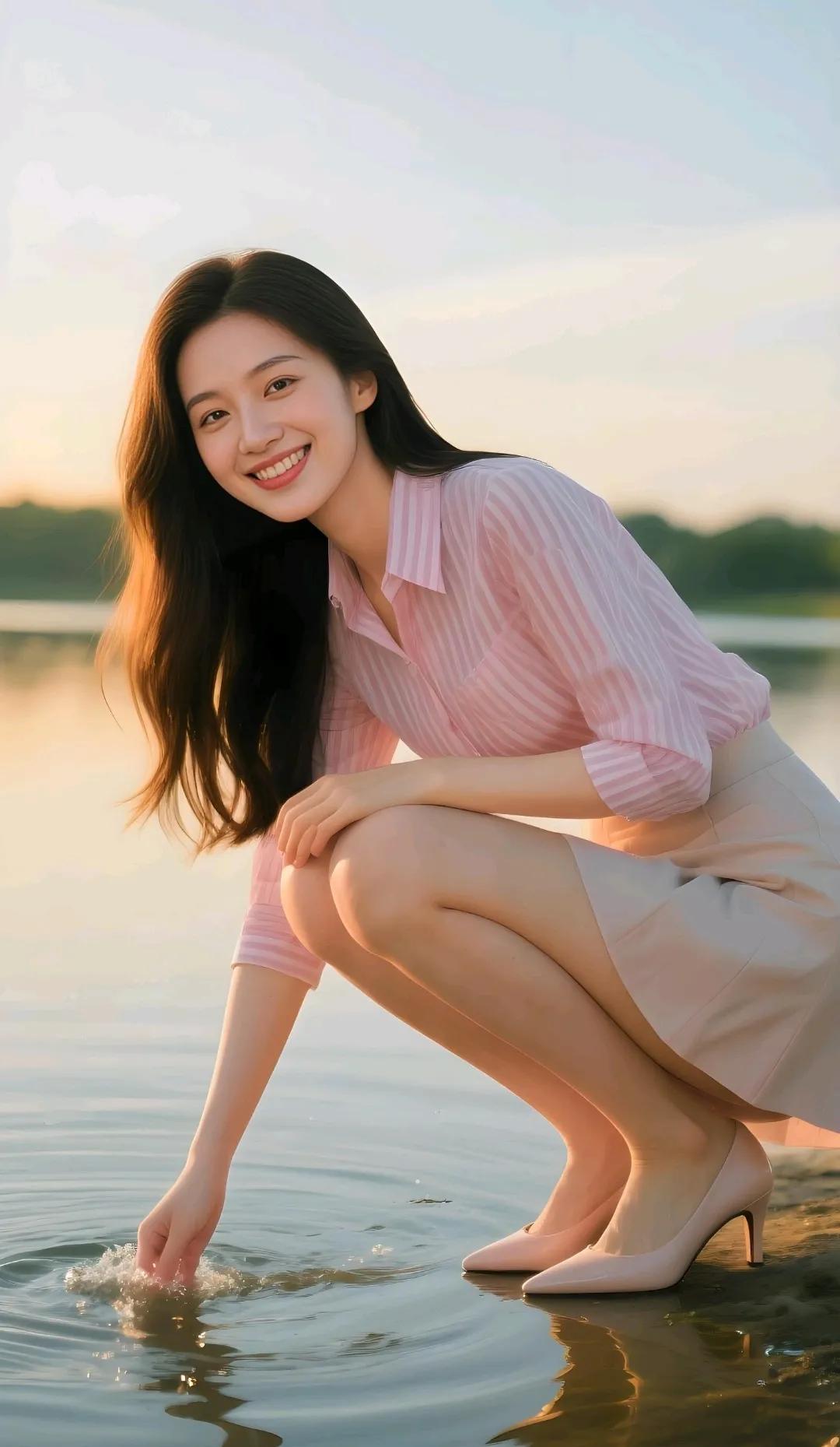 夕阳下的温柔时光，微笑女孩与水共舞。