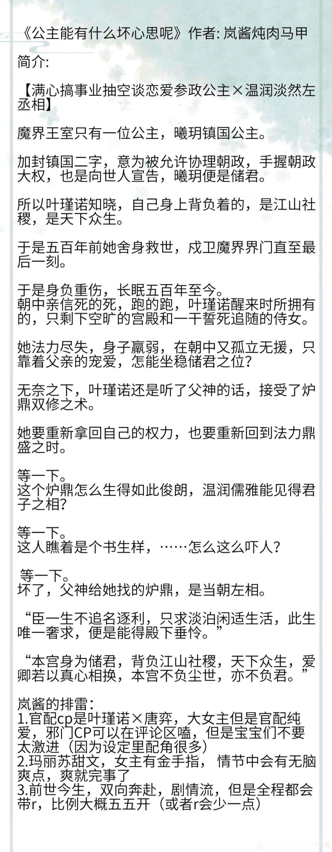 《公主能有什么坏心思呢》作者: 岚酱炖肉马甲 满心搞事业抽空谈恋爱参政公主×温润