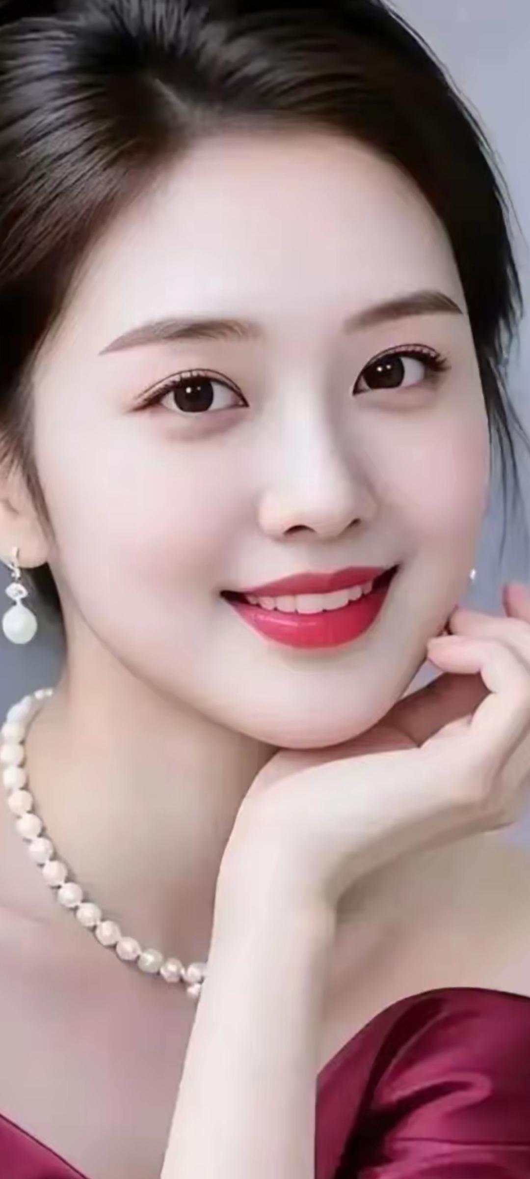 优雅珍珠耳环，甜美笑容，红唇诱惑，完美妆容