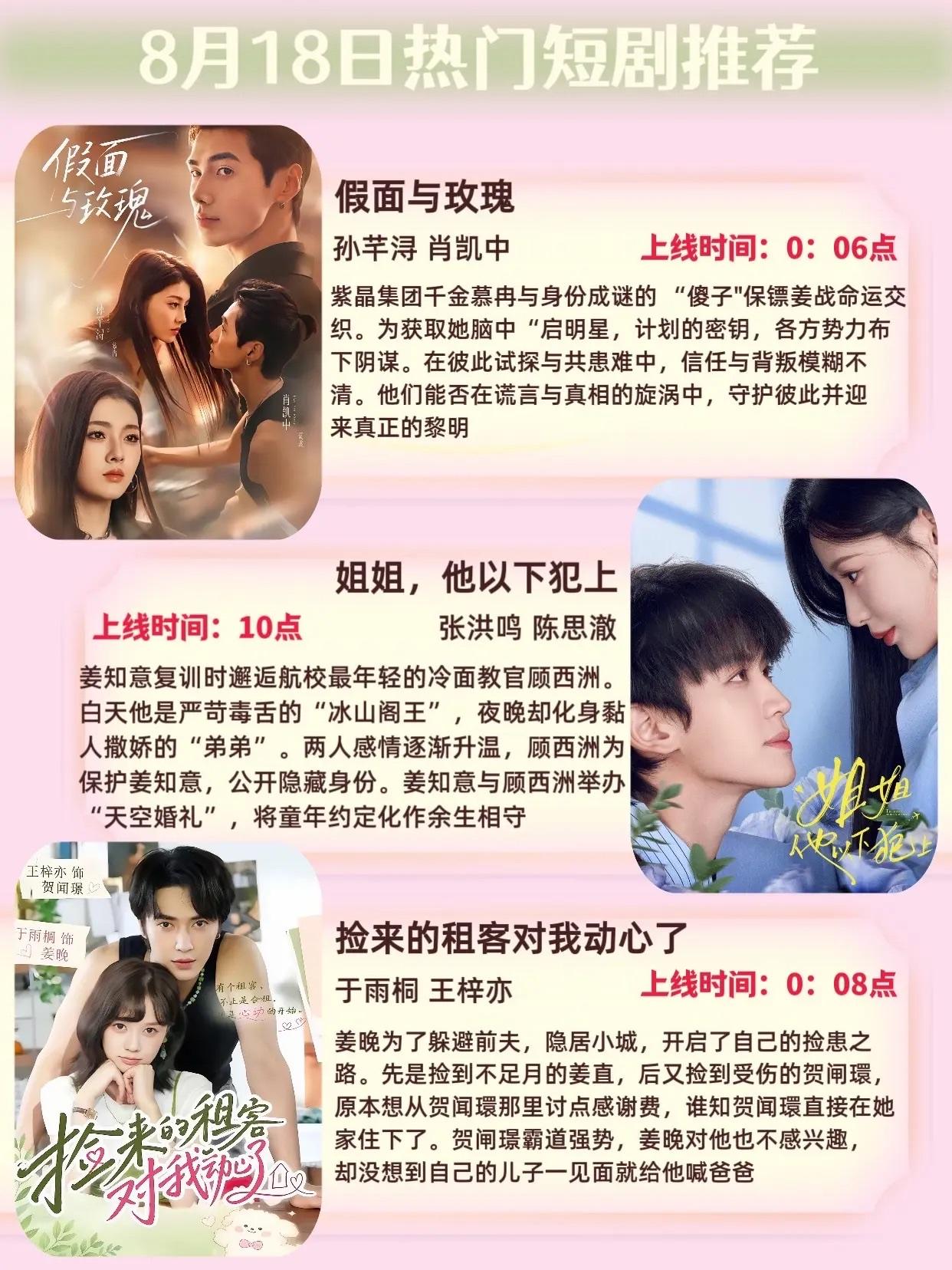 🔥📺8月18日短剧预告清单✨🔥

1. 假面与玫瑰🌹｜孙芊浔、肖凯中
