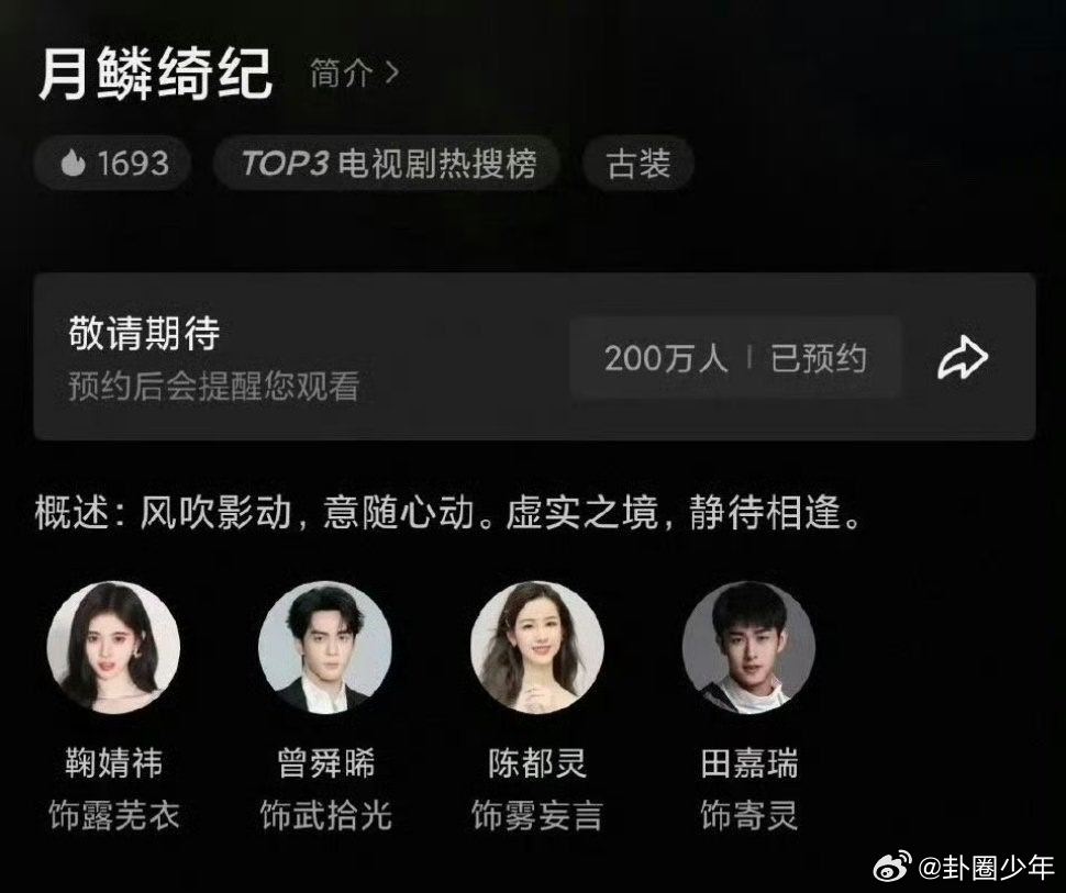 鞠婧祎曾舜晞月鳞绮纪预约数破200万 鞠婧祎x曾舜晞强强联合，《月鳞绮纪》从造型