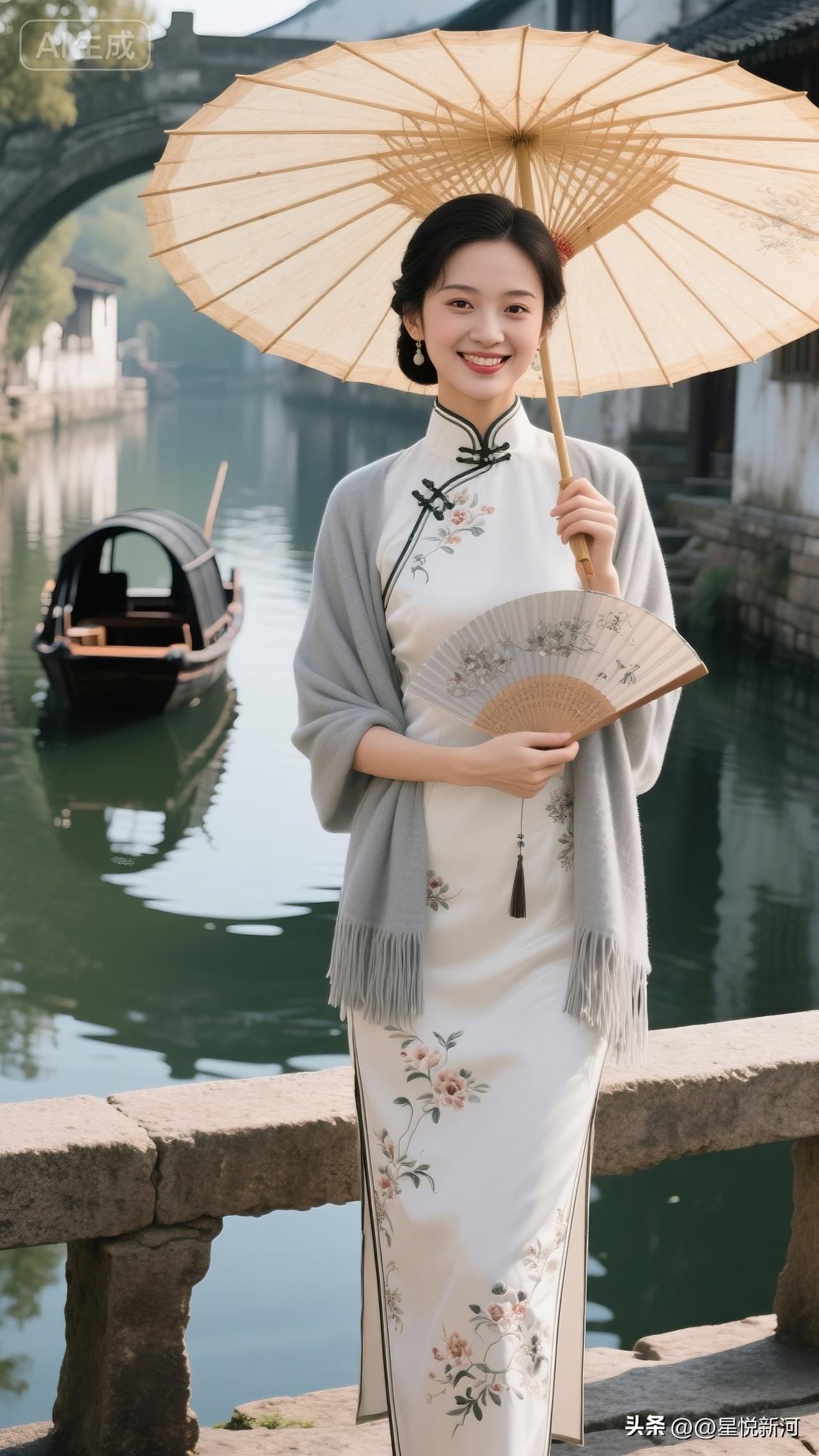 古街，小镇，乌篷船，美女身穿旗袍，优雅，端庄，尽显东方美。