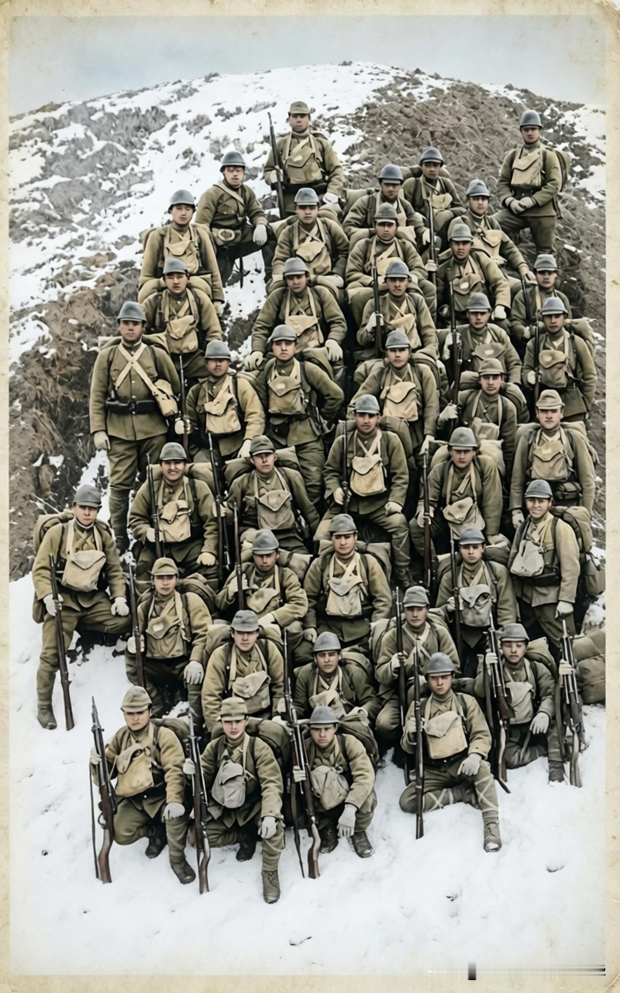 1937年，一支在中国华北地区扫荡的日军步兵中队集体合影。
他们全部佩戴90式钢