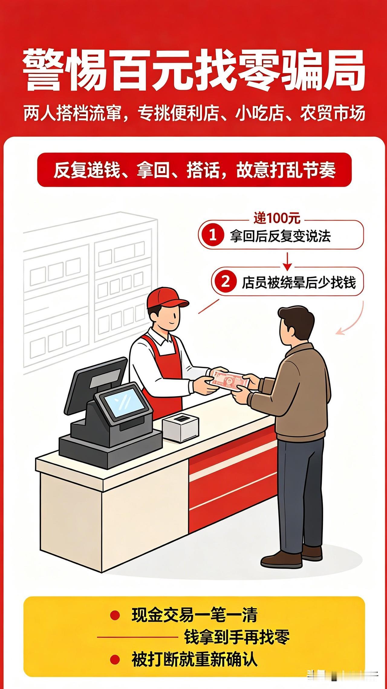 这种流窜骗局：两名嫌疑人搭档作案，专挑便利店、小吃店、农贸市场下手。

套路其实